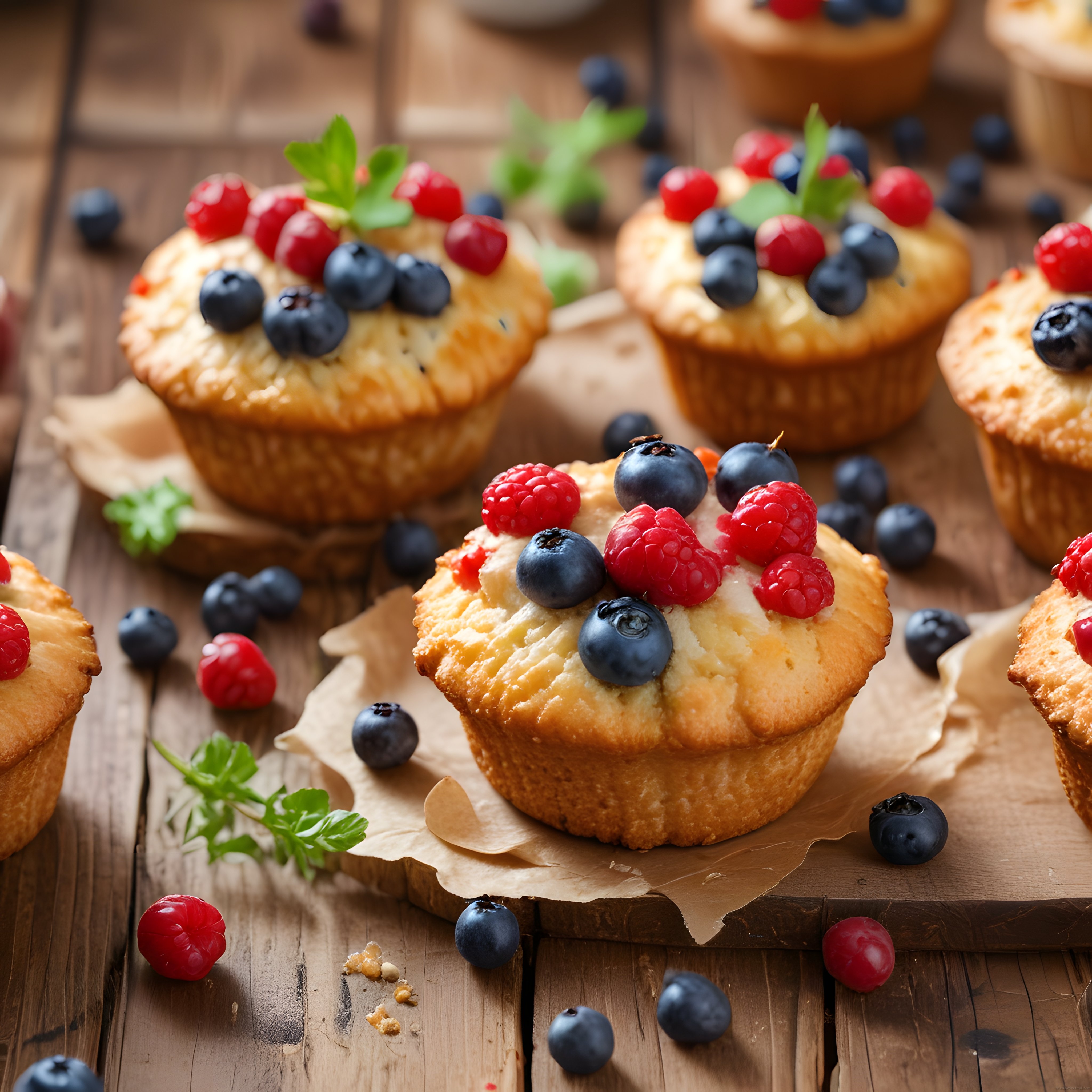 Ahşap Sunum Üzerinde Taze Orman Meyveleriyle Süslenmiş Ev Yapımı Muffinler