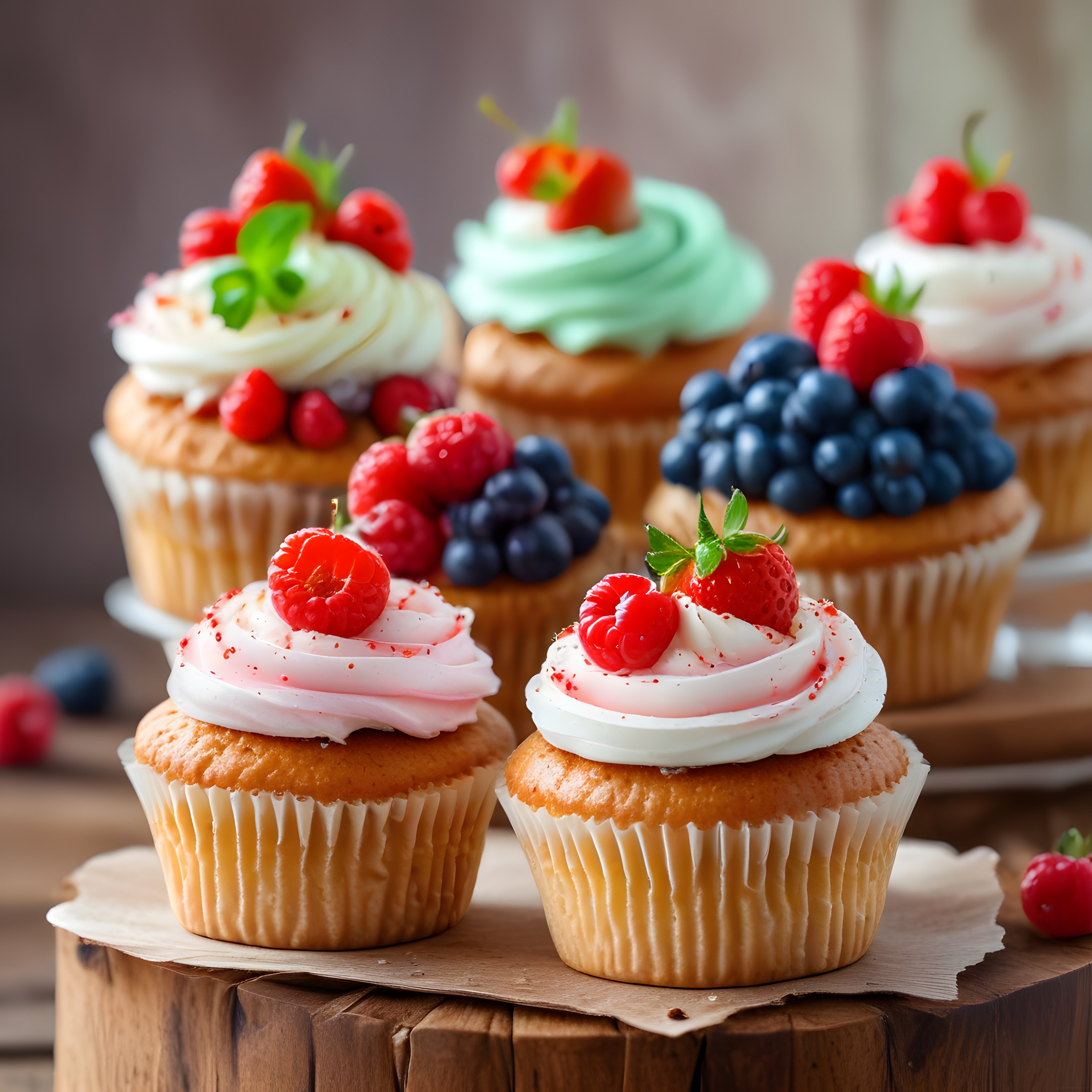 Ahşap Sunum Üzerinde Taze Orman Meyveli Cupcake ve Krema Süslemeleri
