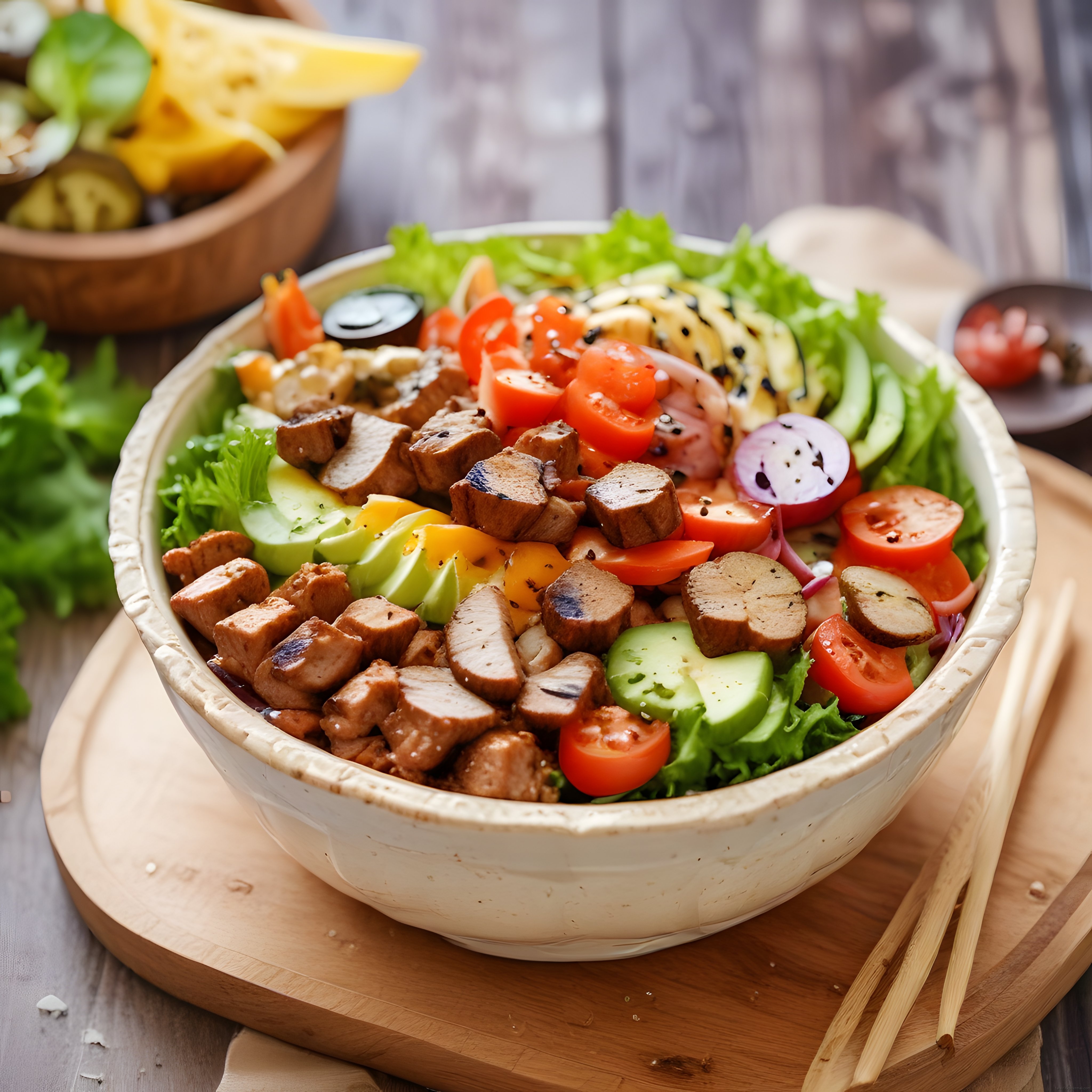 Ahşap Sunum Üzerinde Taze Sebzeli ve Mantarlı Renkli Sağlıklı Bowl Kase