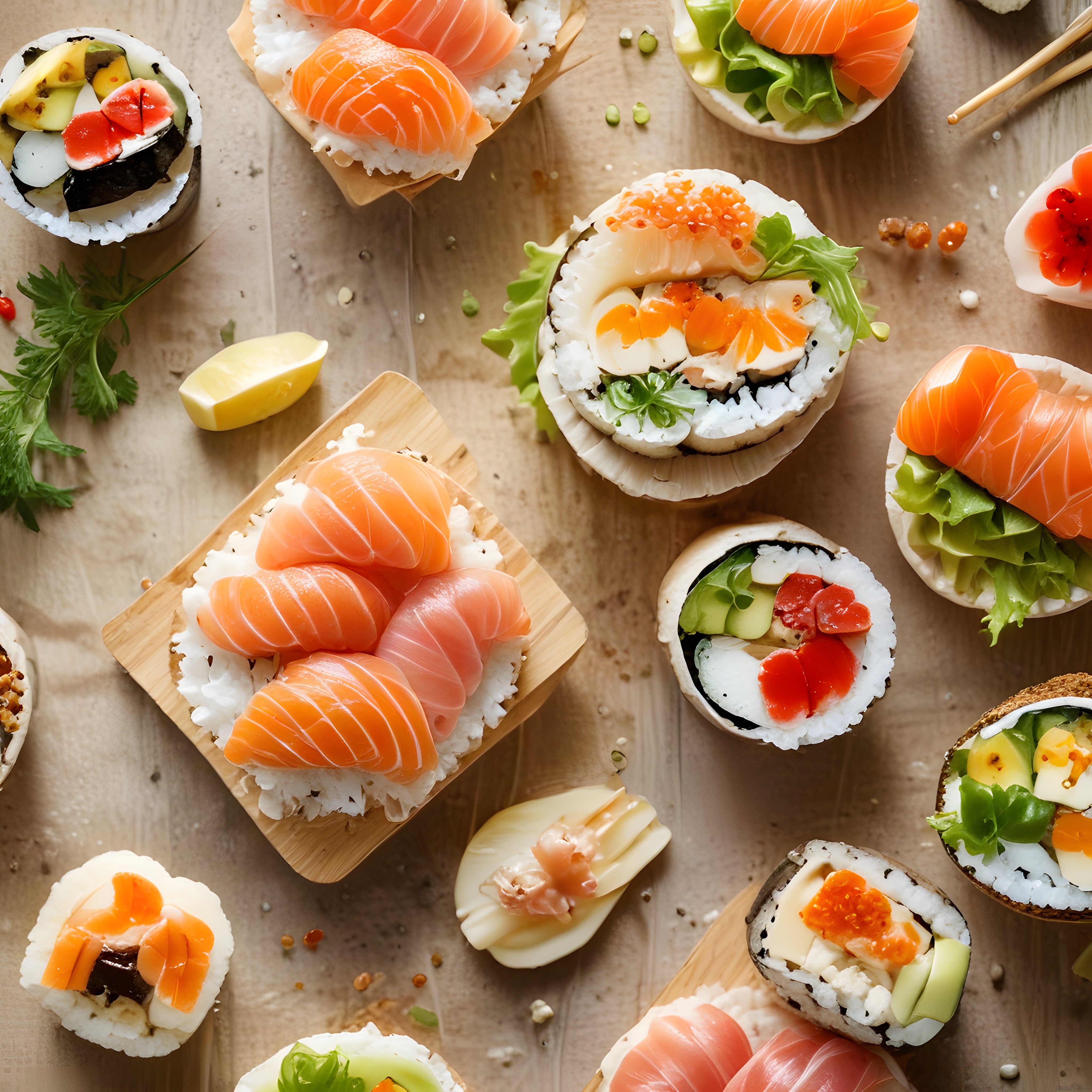 Ahşap Sunum Üzerinde Taze Somon Nigiri ve Çeşitli Sushi Ruloları