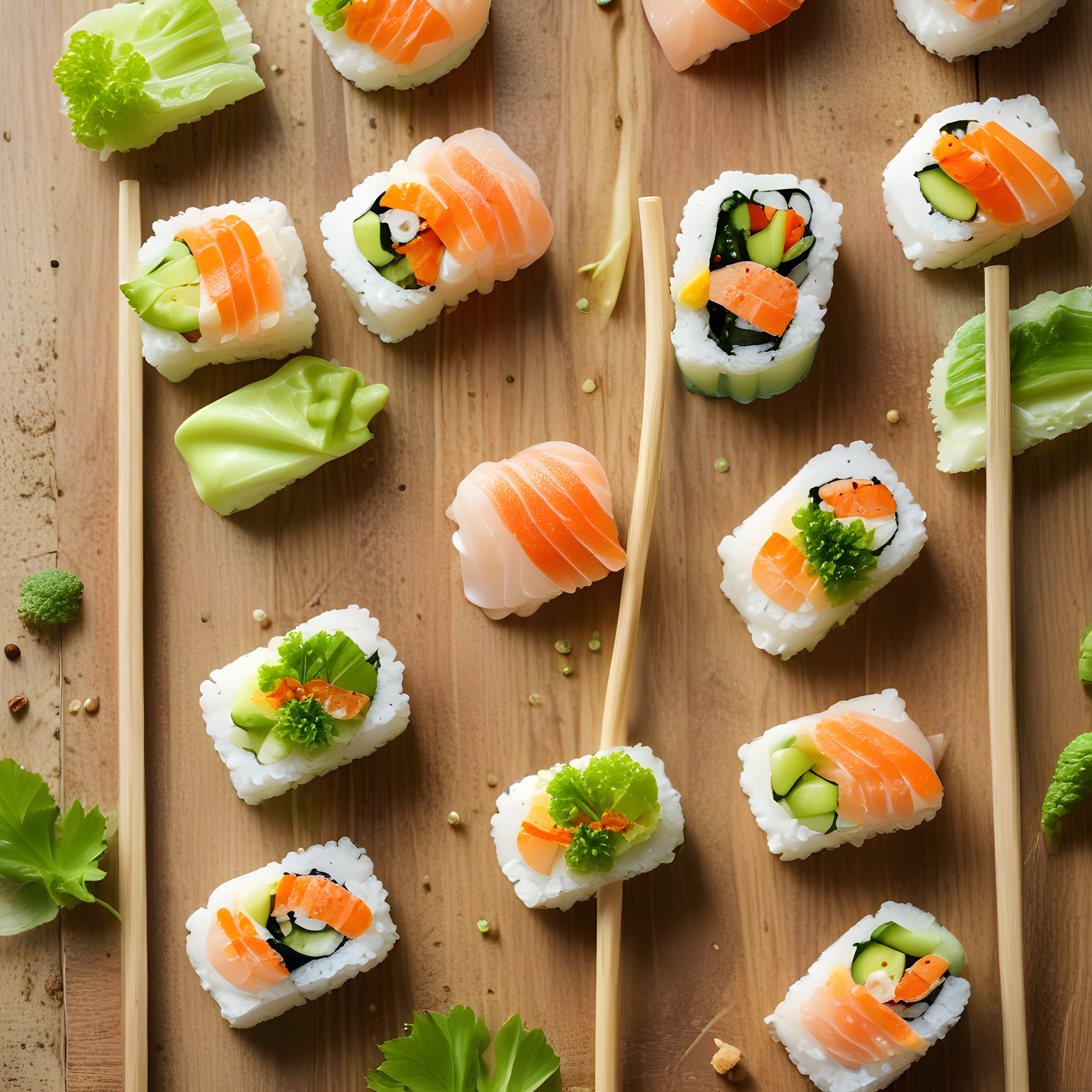 Ahşap Sunum Üzerinde Taze Somonlu Nigiri, Maki ve California Sushi Çeşitleri
