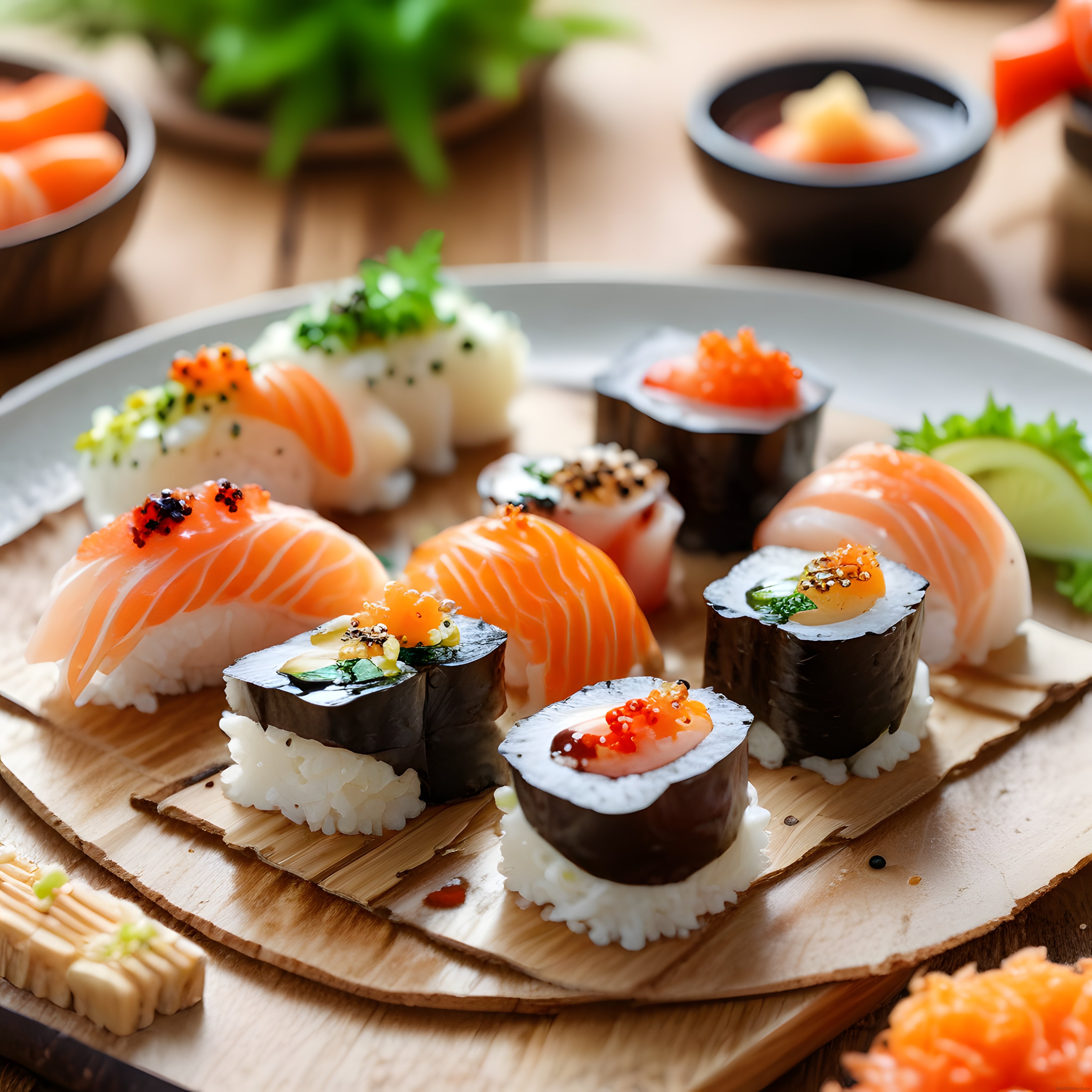 Ahşap Sunum Üzerinde Taze Somonlu Nigiri ve Havyarlı Maki Sushi Tabağı
