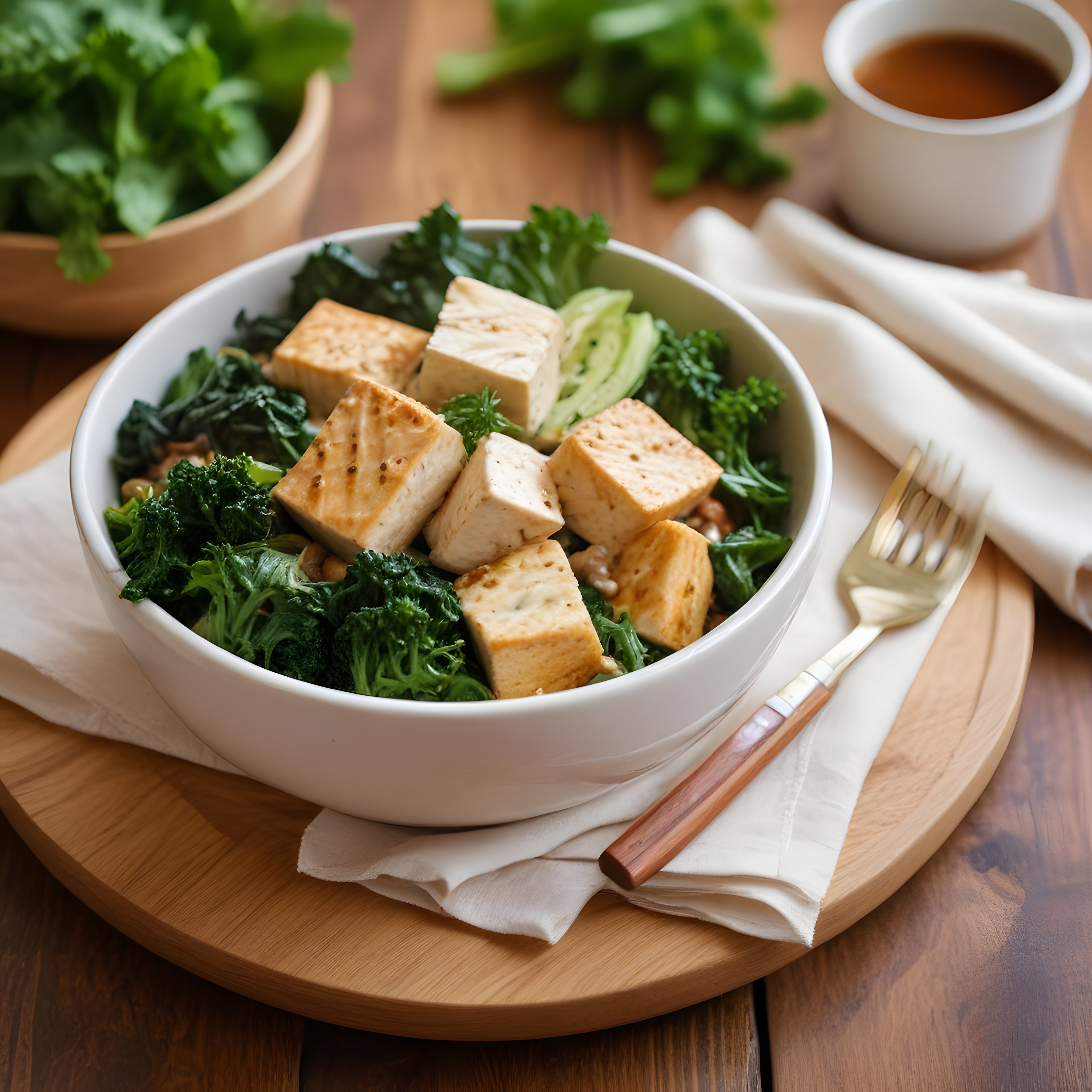 Ahşap Sunum Üzerinde Tofulu Avokadolu Sağlıklı Vegan Salata Kasesi