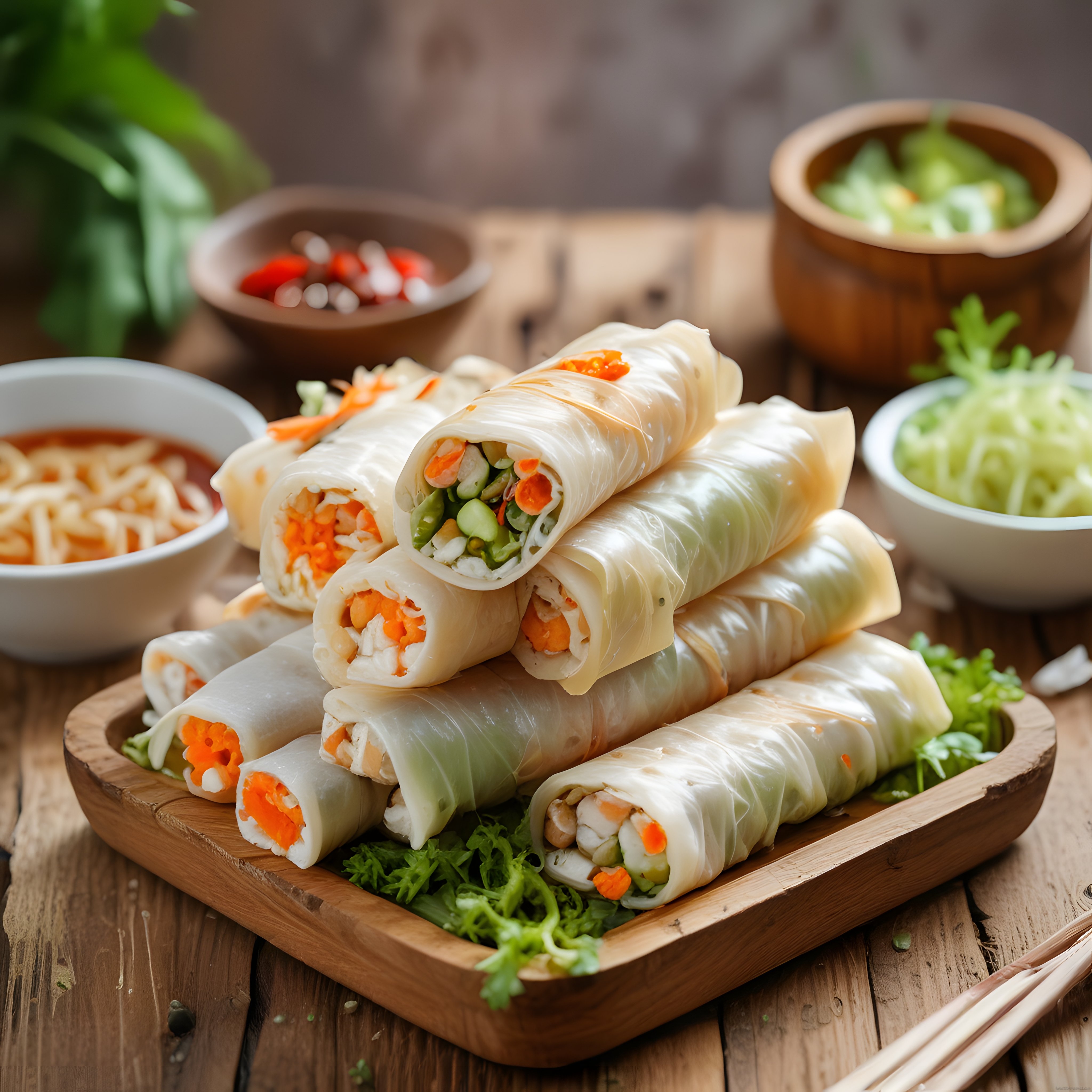Ahşap Sunum Üzerinde Vietnam Usulü Taze Karidesli Bahar Ruloları