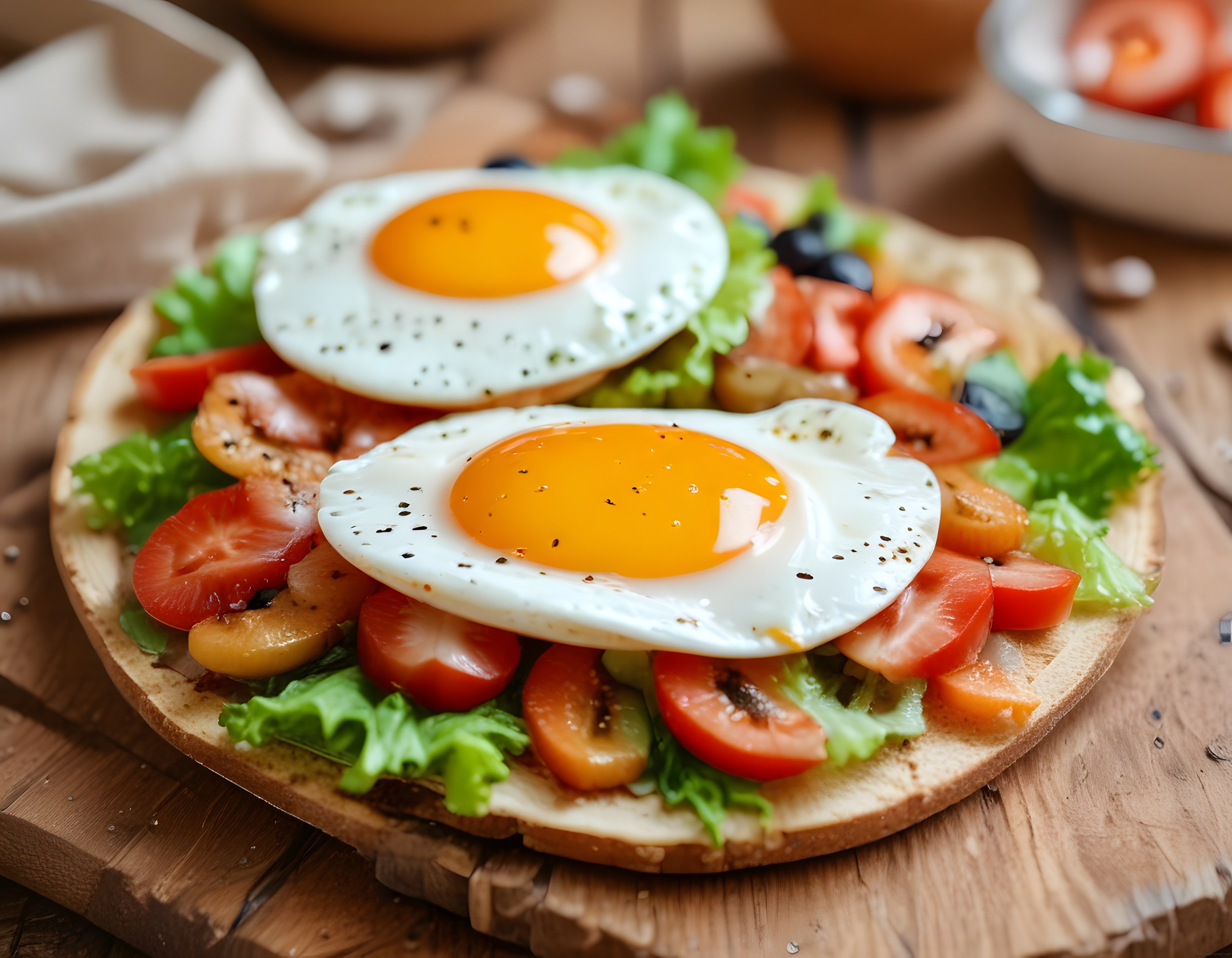 Ahşap Sunum Üzerinde Yumurtalı Domatesli Açık Sandviç ve Taze Sebzeler