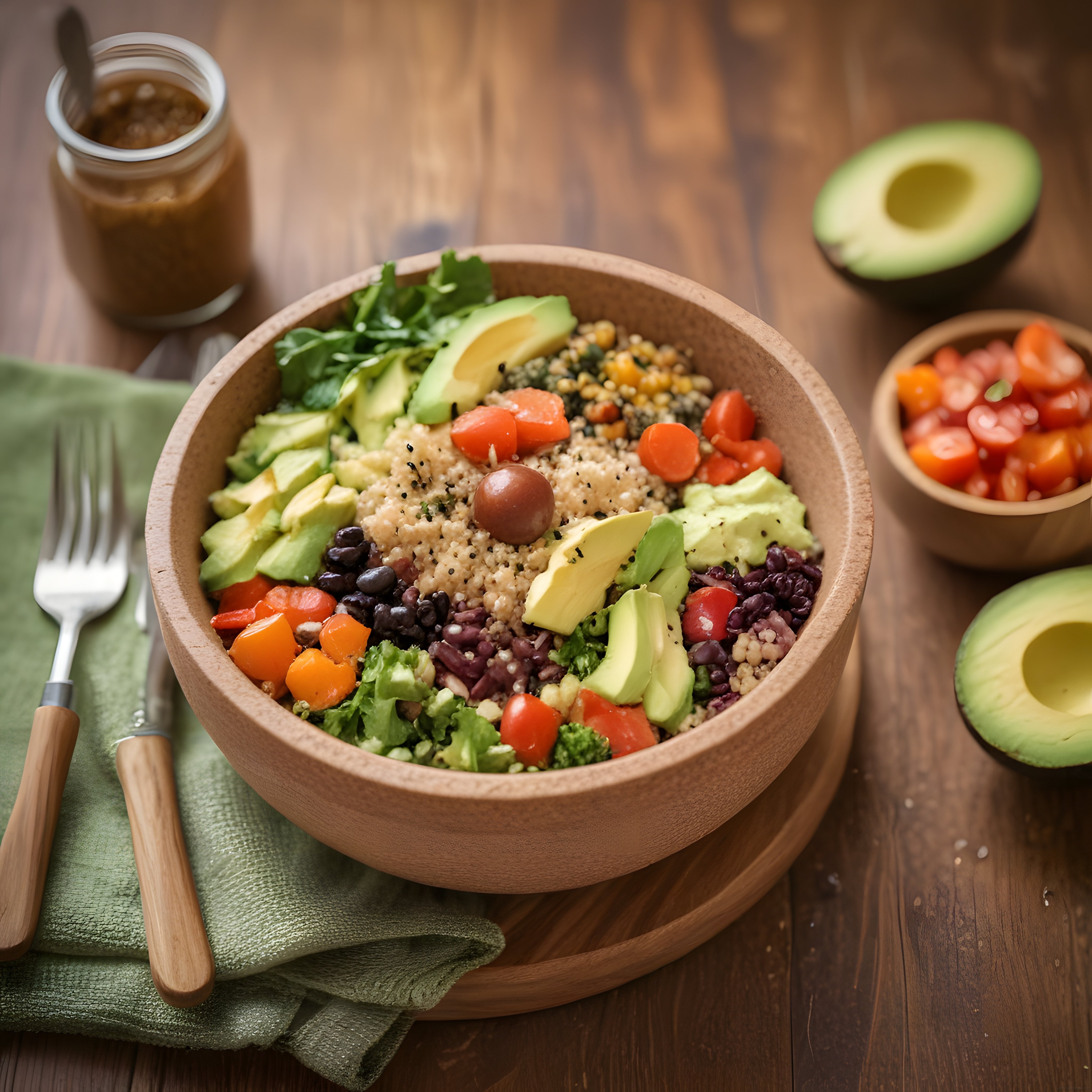 Ahşap Sunumda Avokadolu Kinoalı Renkli Vegan Buddha Bowl Tarifi Fotoğrafı