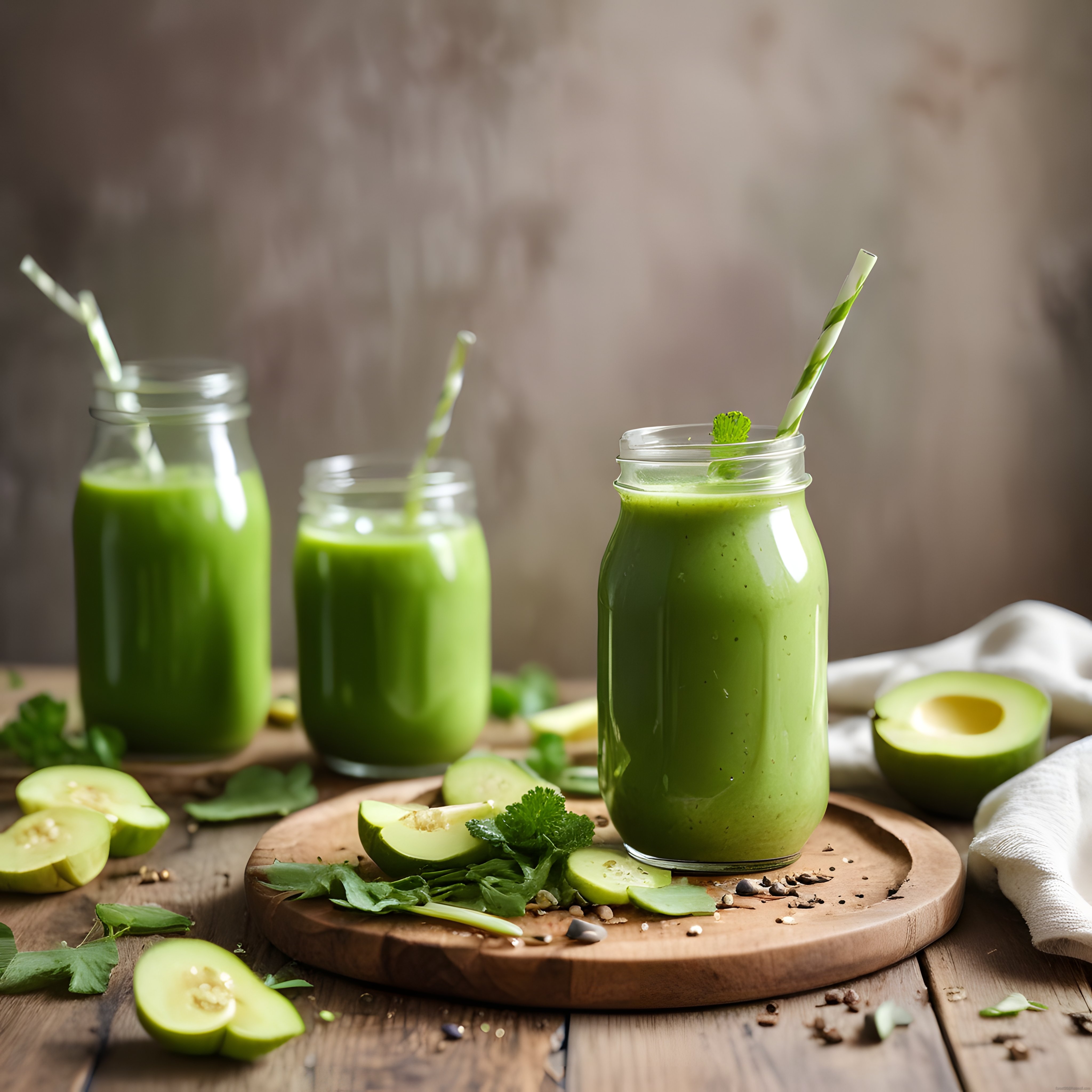 Ahşap Sunumda Avokadolu ve Salatalıklı Sağlıklı Yeşil Detoks Smoothie Tarifi
