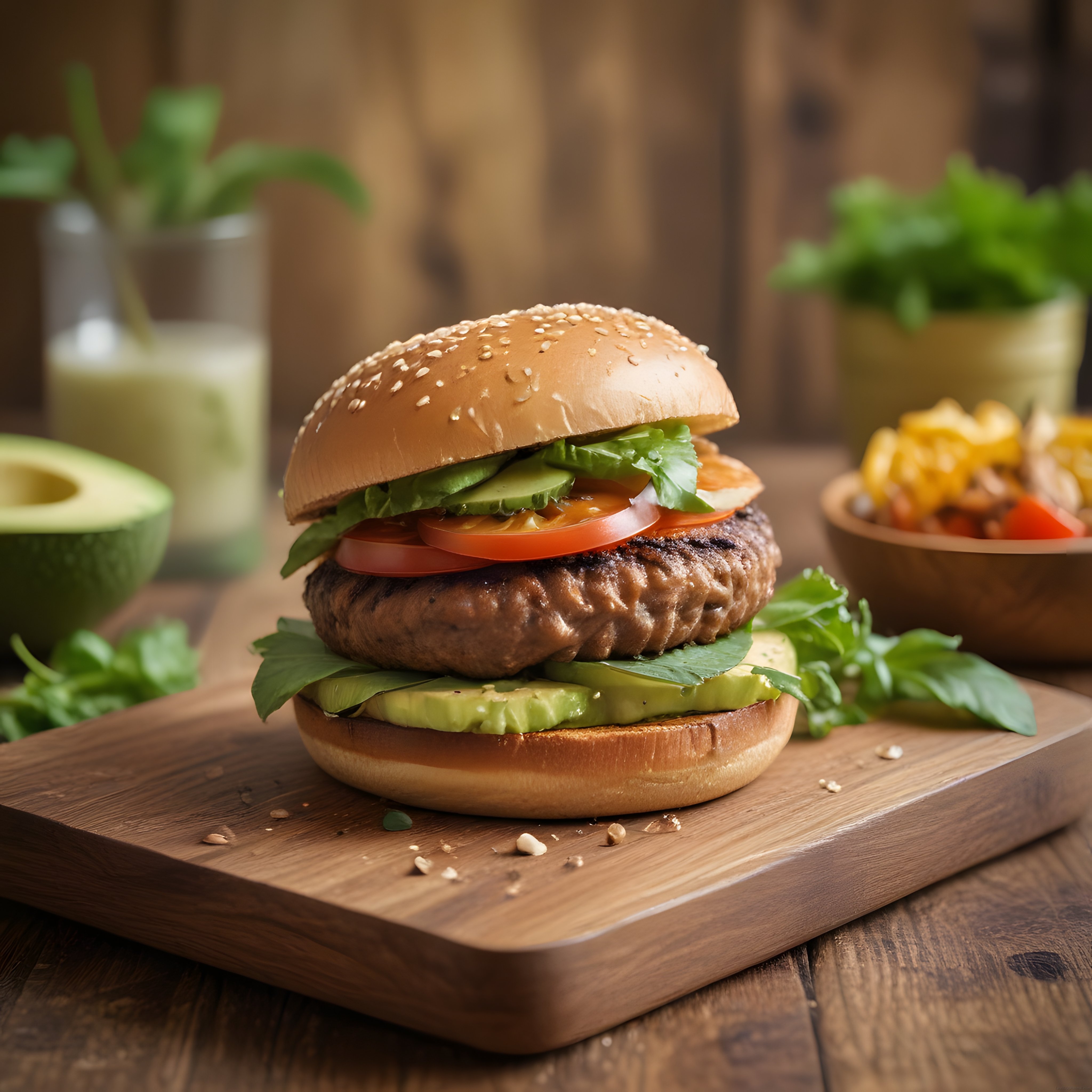 Ahşap Sunumda Avokadolu ve Susamlı Ev Yapımı Hamburger Köftesi