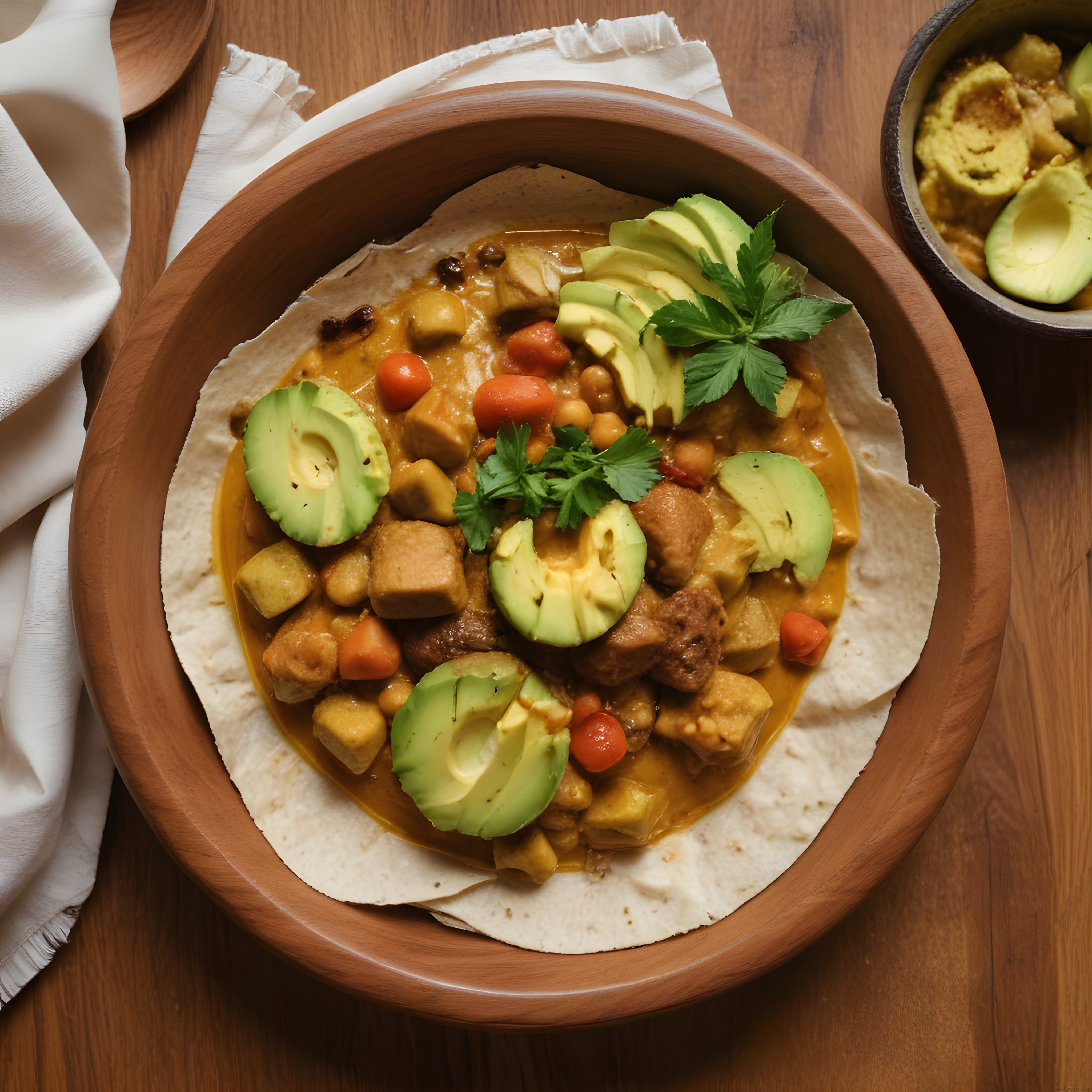 Ahşap Sunumda Avokadolu Vegan Bowl: Baharatlı Tofu ve Nohut Yemeği