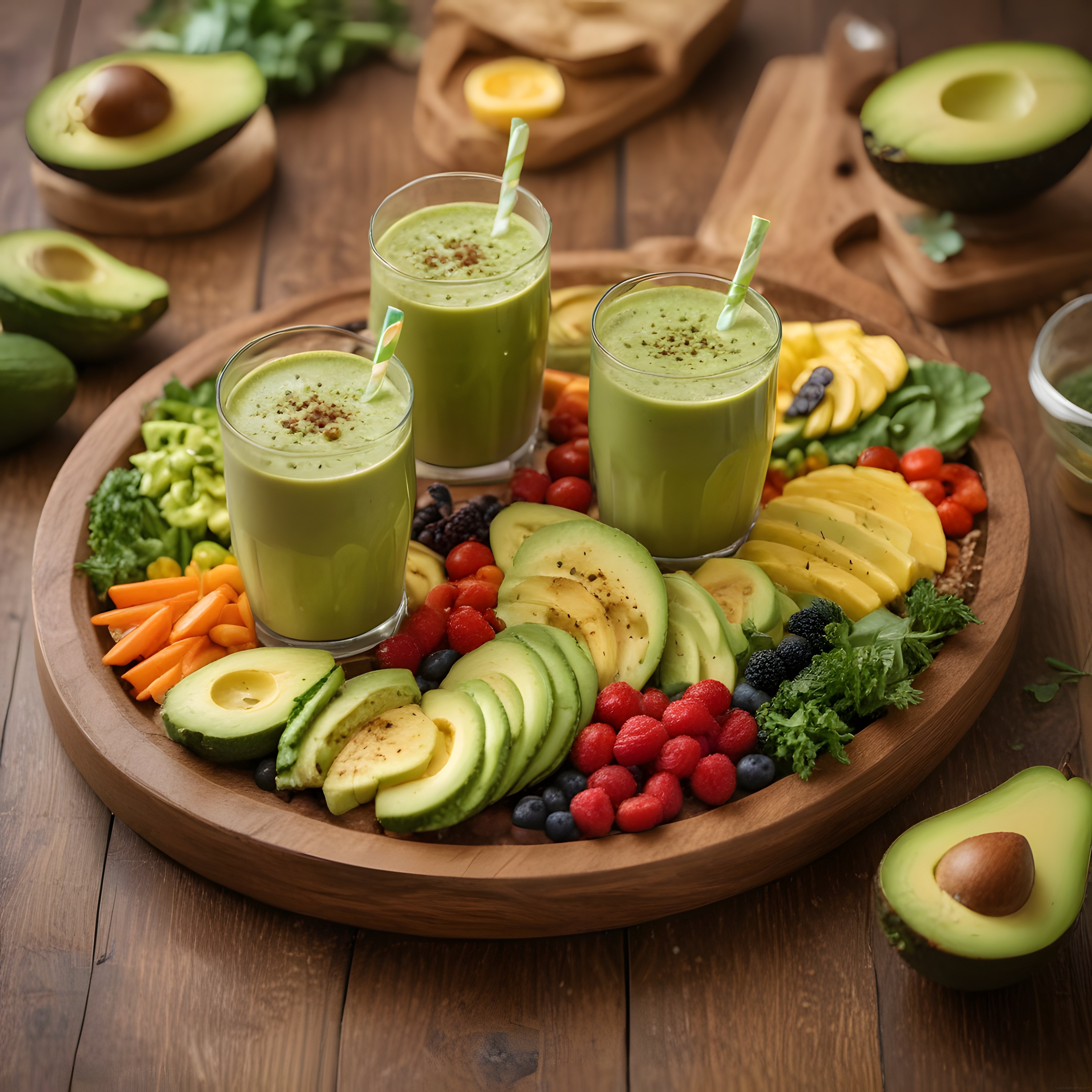 Ahşap sunumda avokadolu yeşil smoothie ve taze meyveli sağlıklı atıştırmalık