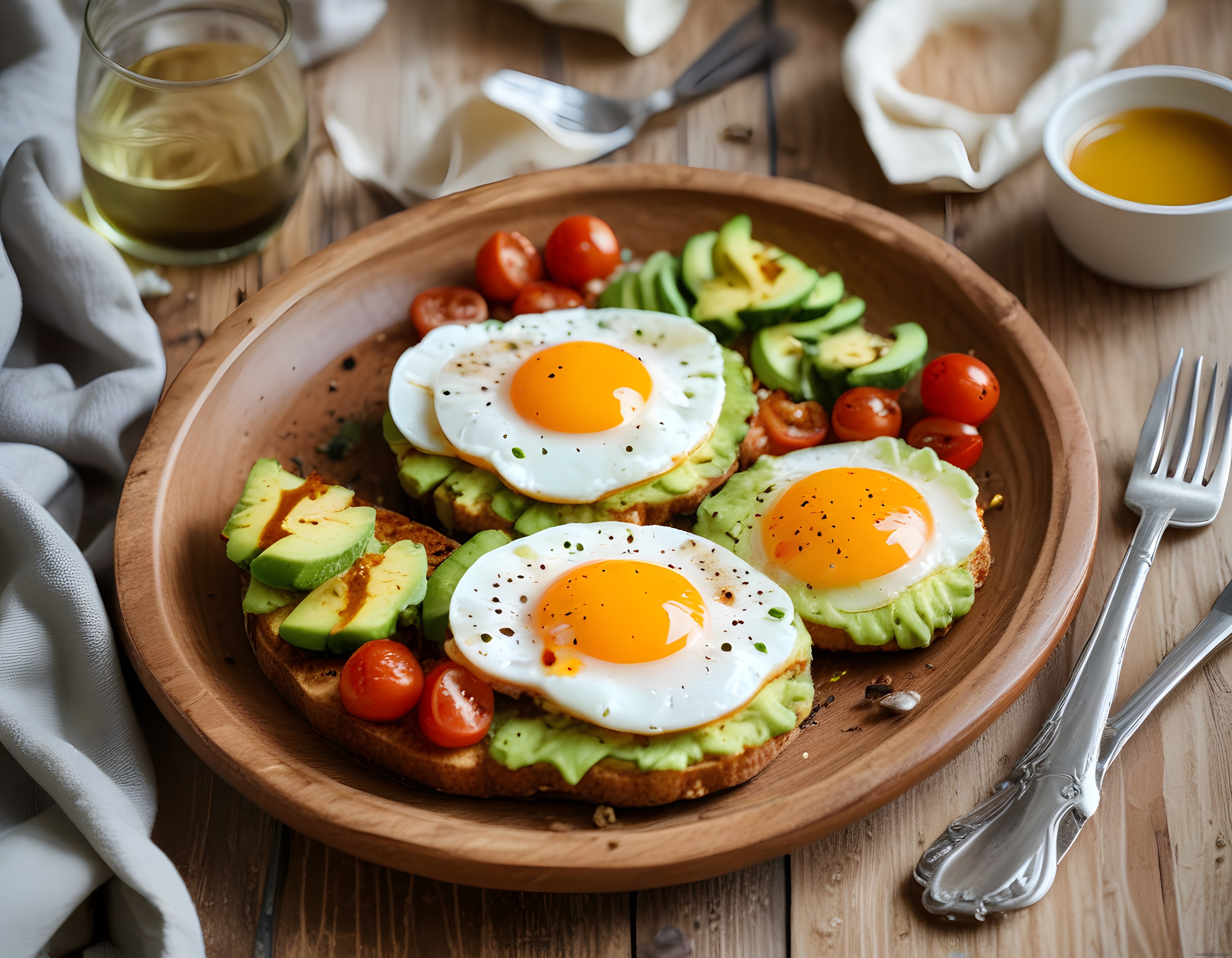 Ahşap Sunumda Avokadolu Yumurtalı Ekmek ve Taptaze Domatesler