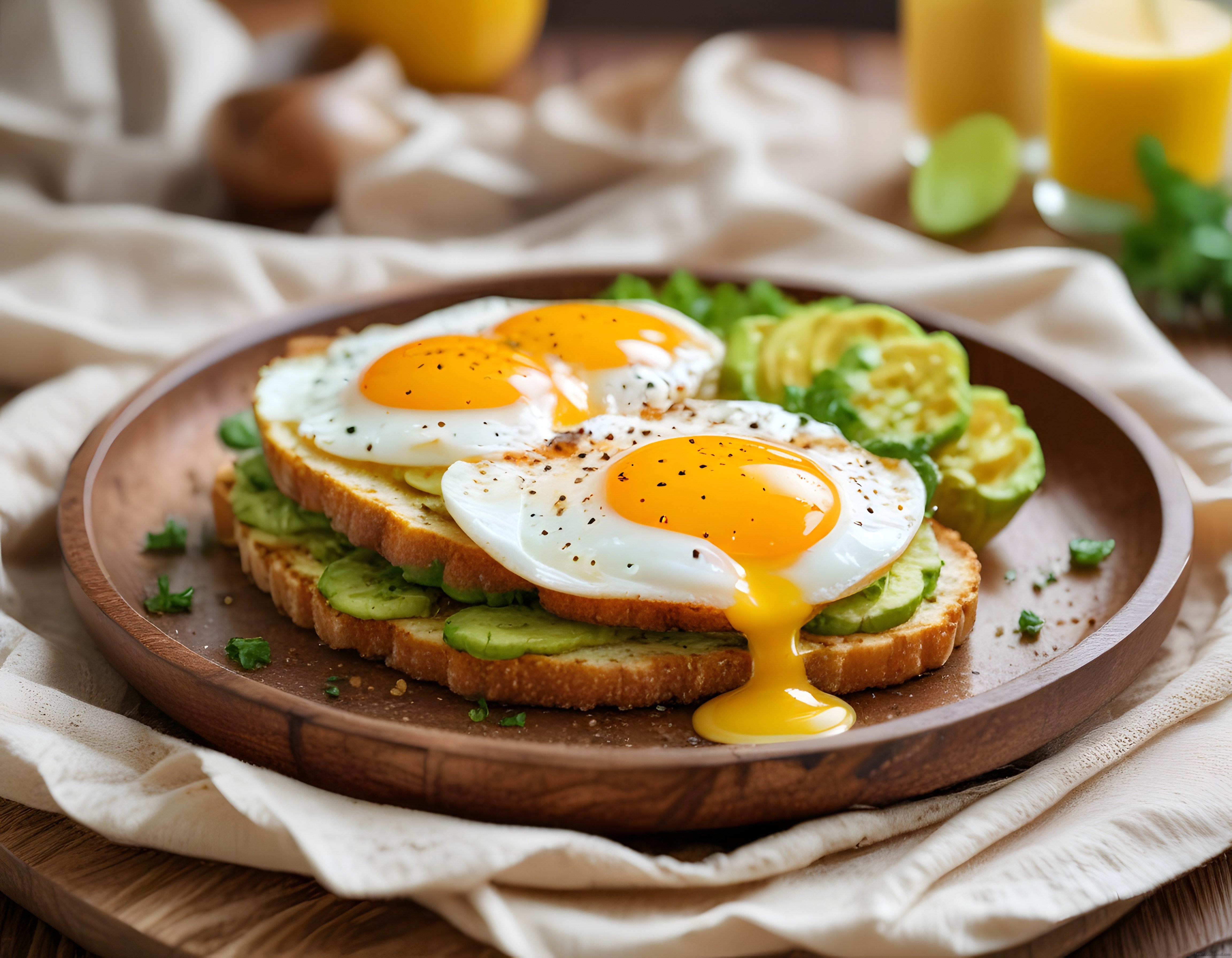 Ahşap Sunumda Avokadolu Yumurtalı Tost ve Portakal Suyu Kahvaltısı
