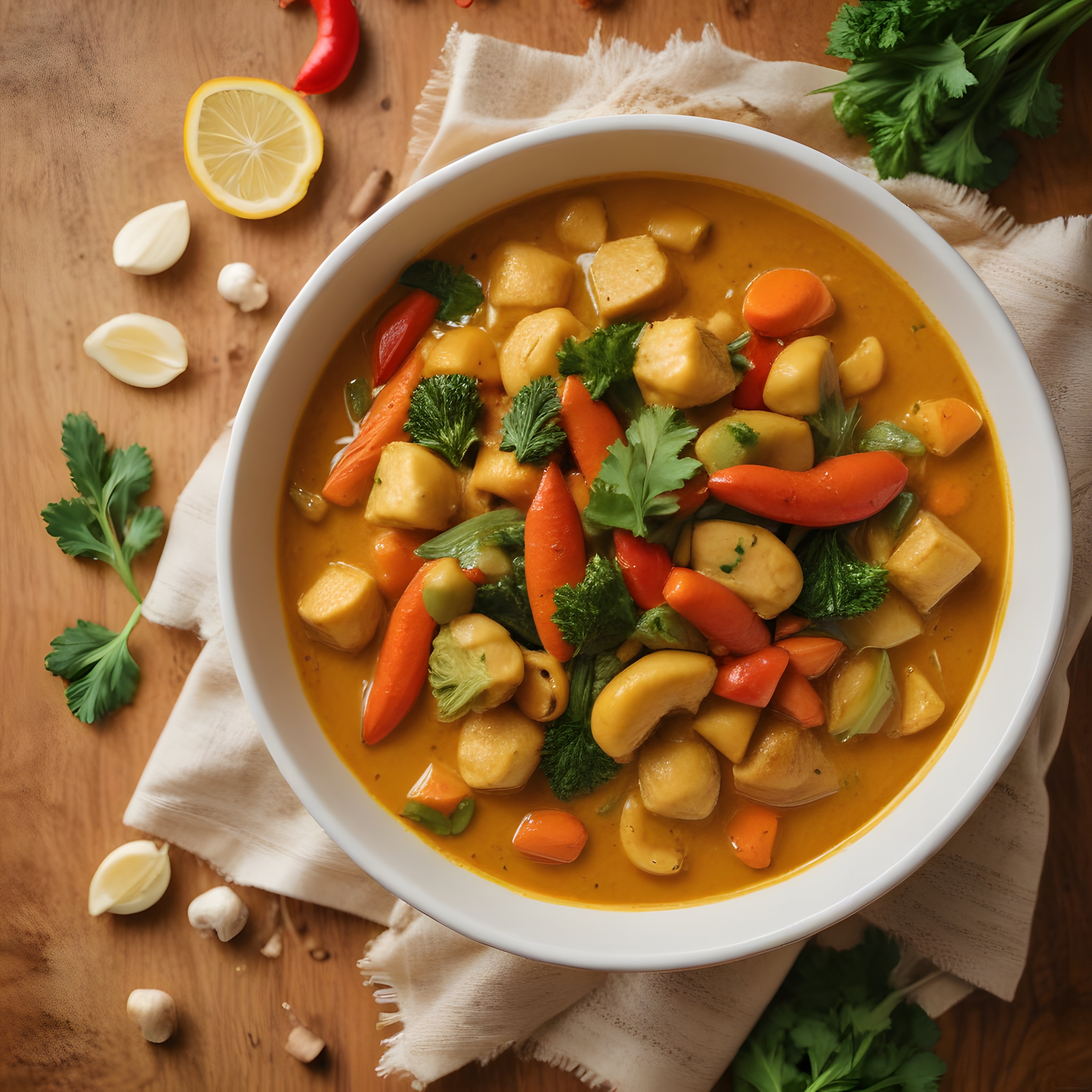 Ahşap Sunumda Beyaz Kasede Sebzeli Nohutlu Thai Curry ve Taze Kişniş