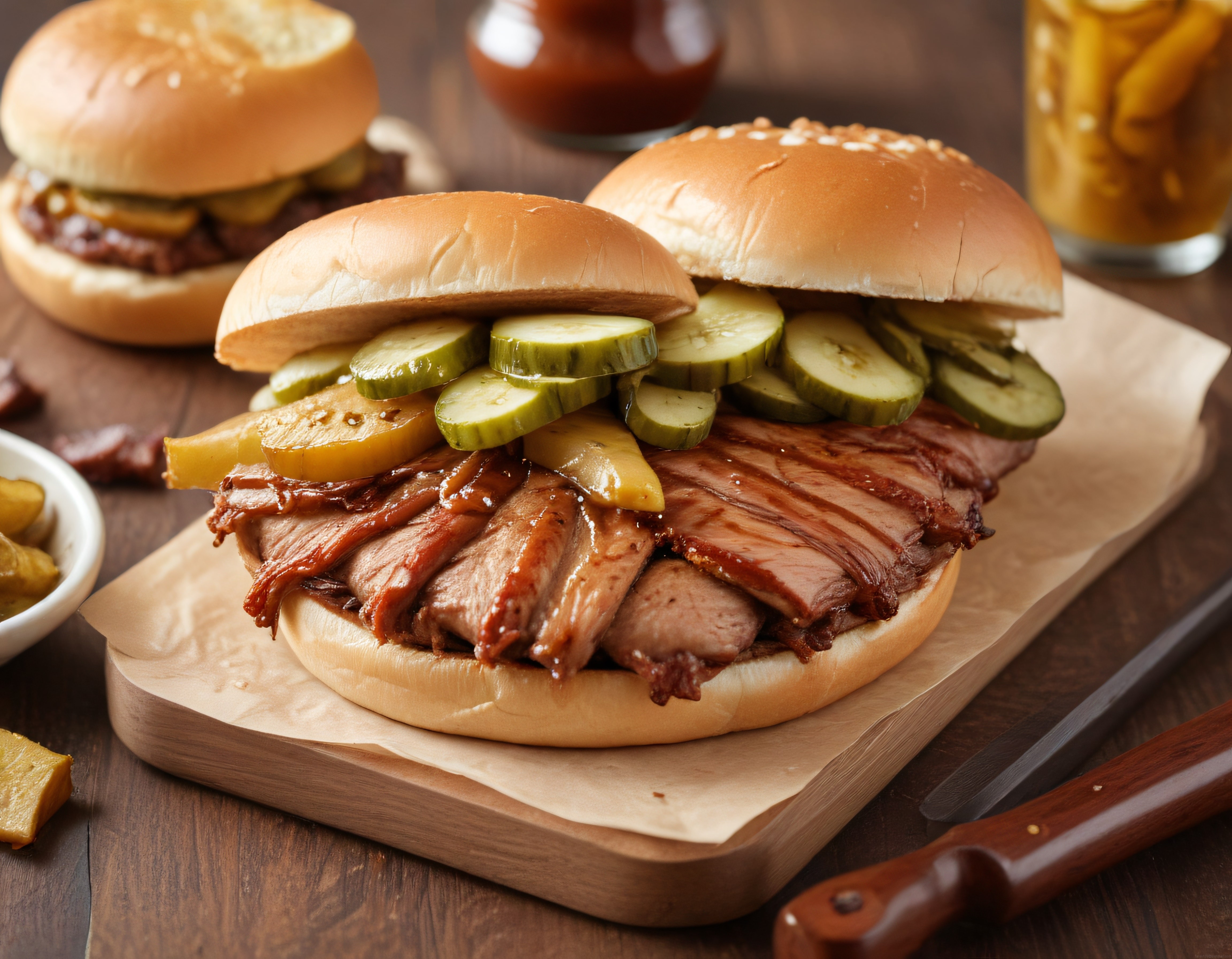 Ahşap Sunumda Bol Etli Brisket Burger ve Turşu ile Bira Menüsü
