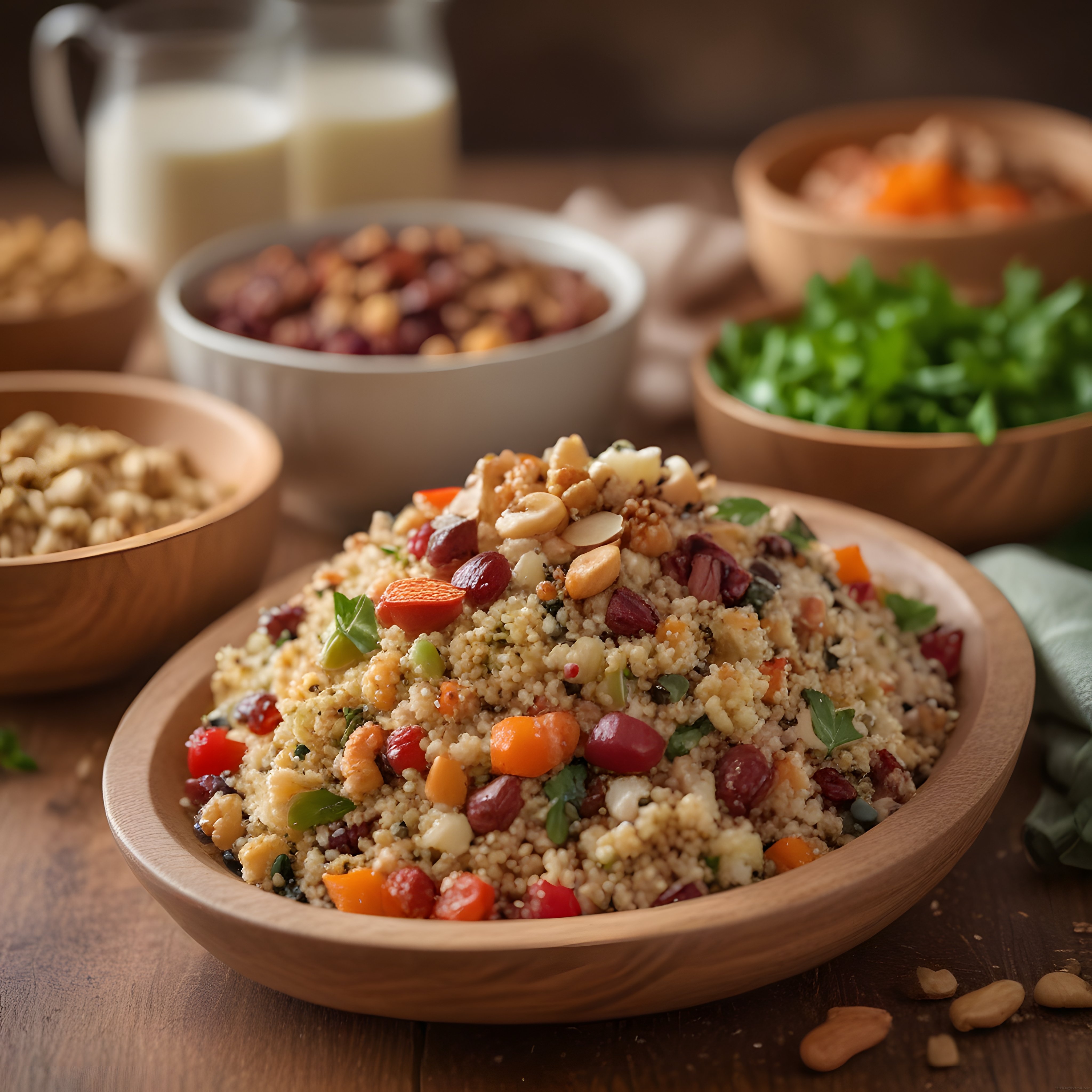 Ahşap Sunumda Bol Sebzeli ve Kuruyemişli Kuskus Salatası Tarifi
