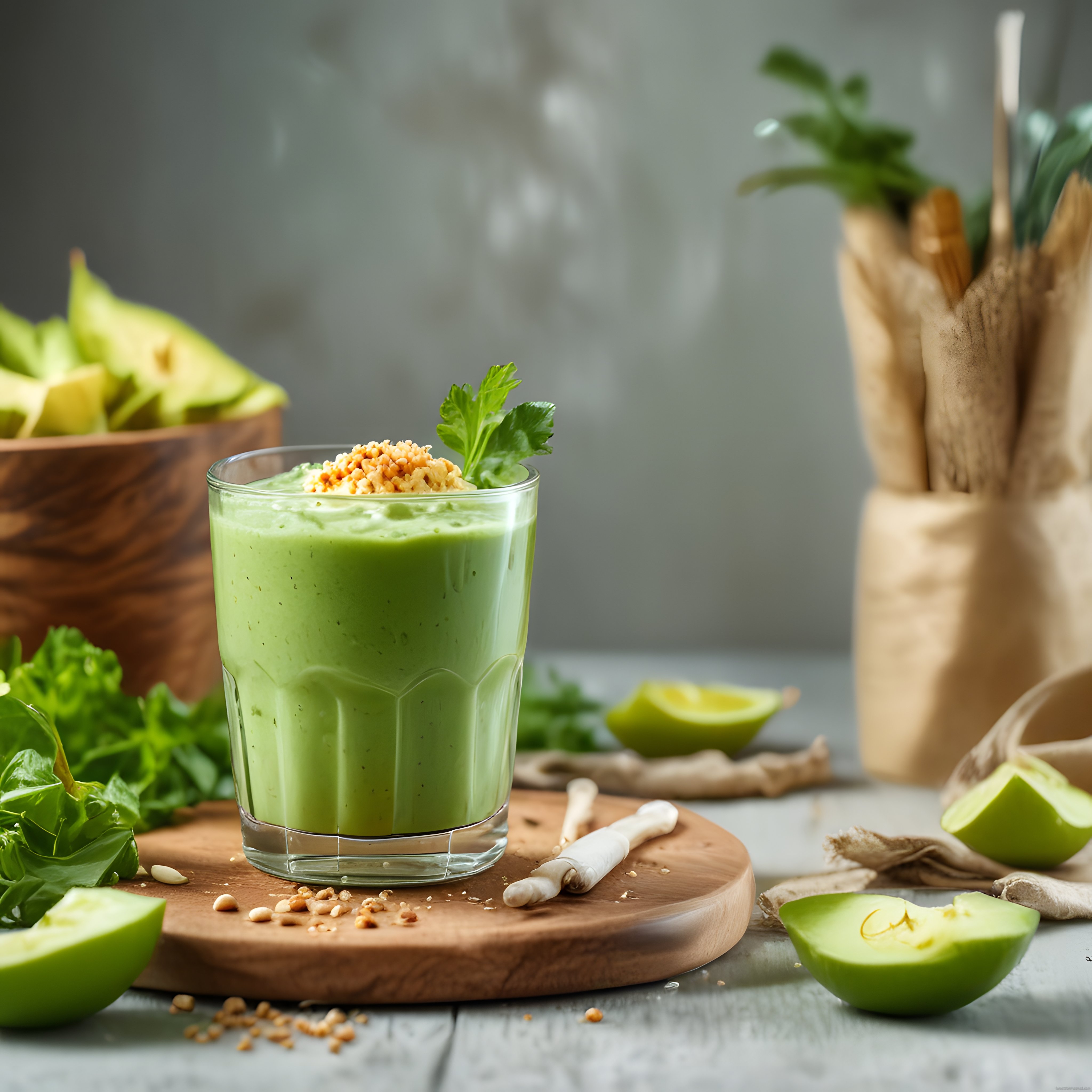 Ahşap Sunumda Cam Bardakta Taze Avokado Smoothie ve Yeşil Meyveler
