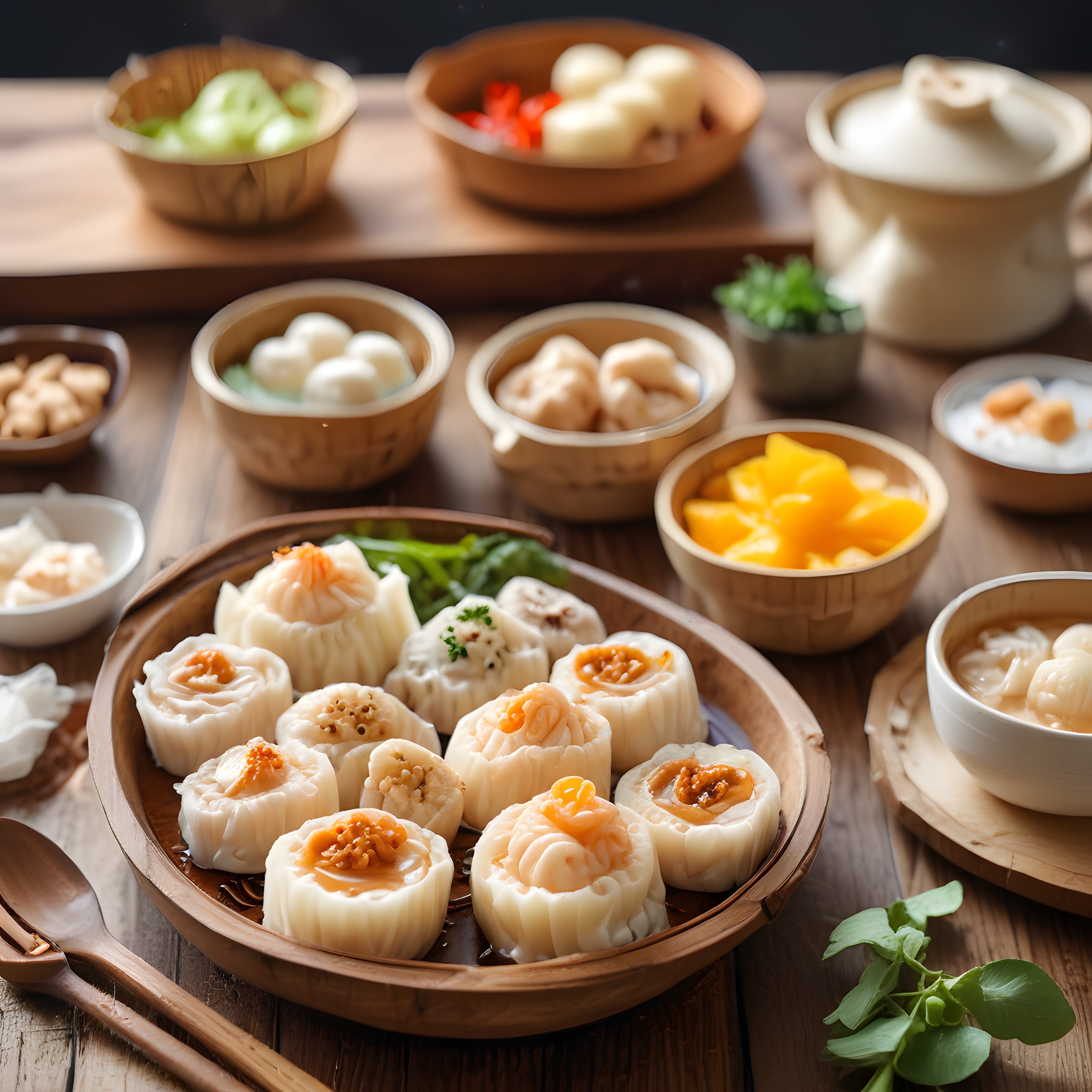 Ahşap Sunumda Çeşitli Dim Sum Çeşitleri ve Buharda Pişmiş Lezzetler