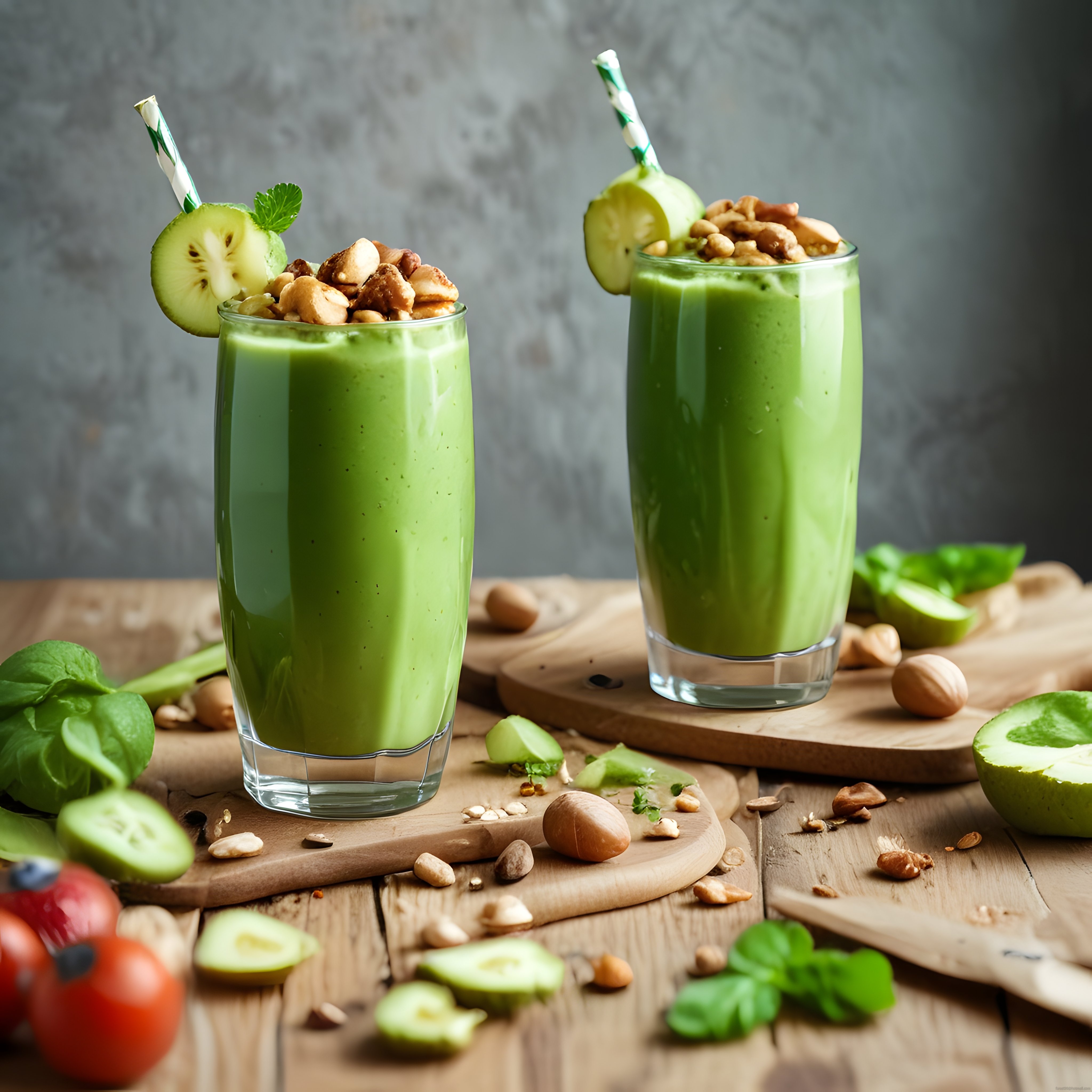 Ahşap Sunumda Ceviz ve Salatalık Süslemeli Taze Yeşil Smoothie Tarifi