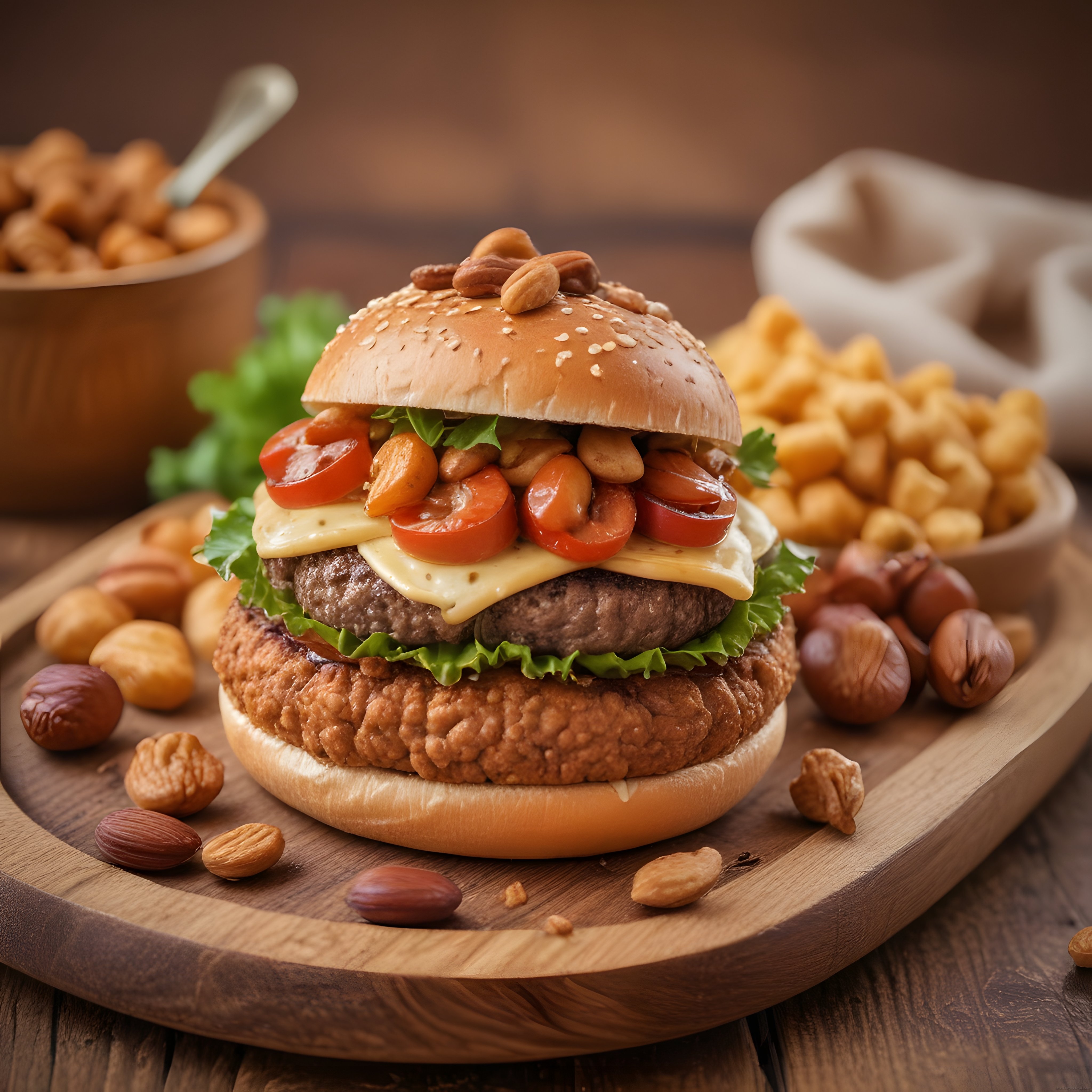 Ahşap Sunumda Çift Katlı Kuruyemişli Gourmet Burger ve Patates Kızartması
