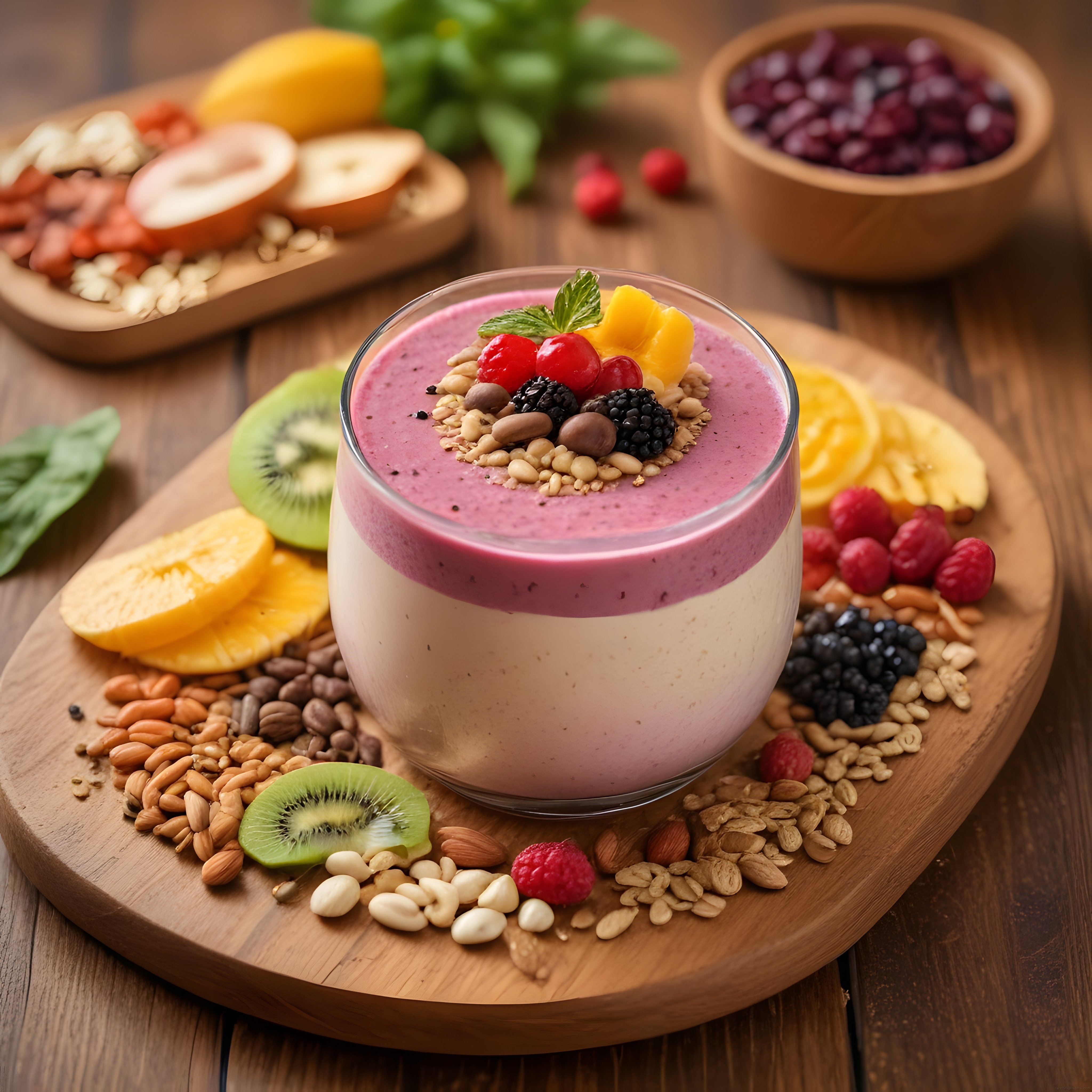 Ahşap Sunumda Çift Katmanlı Smoothie Kasesi ve Taze Meyve Çeşitleri