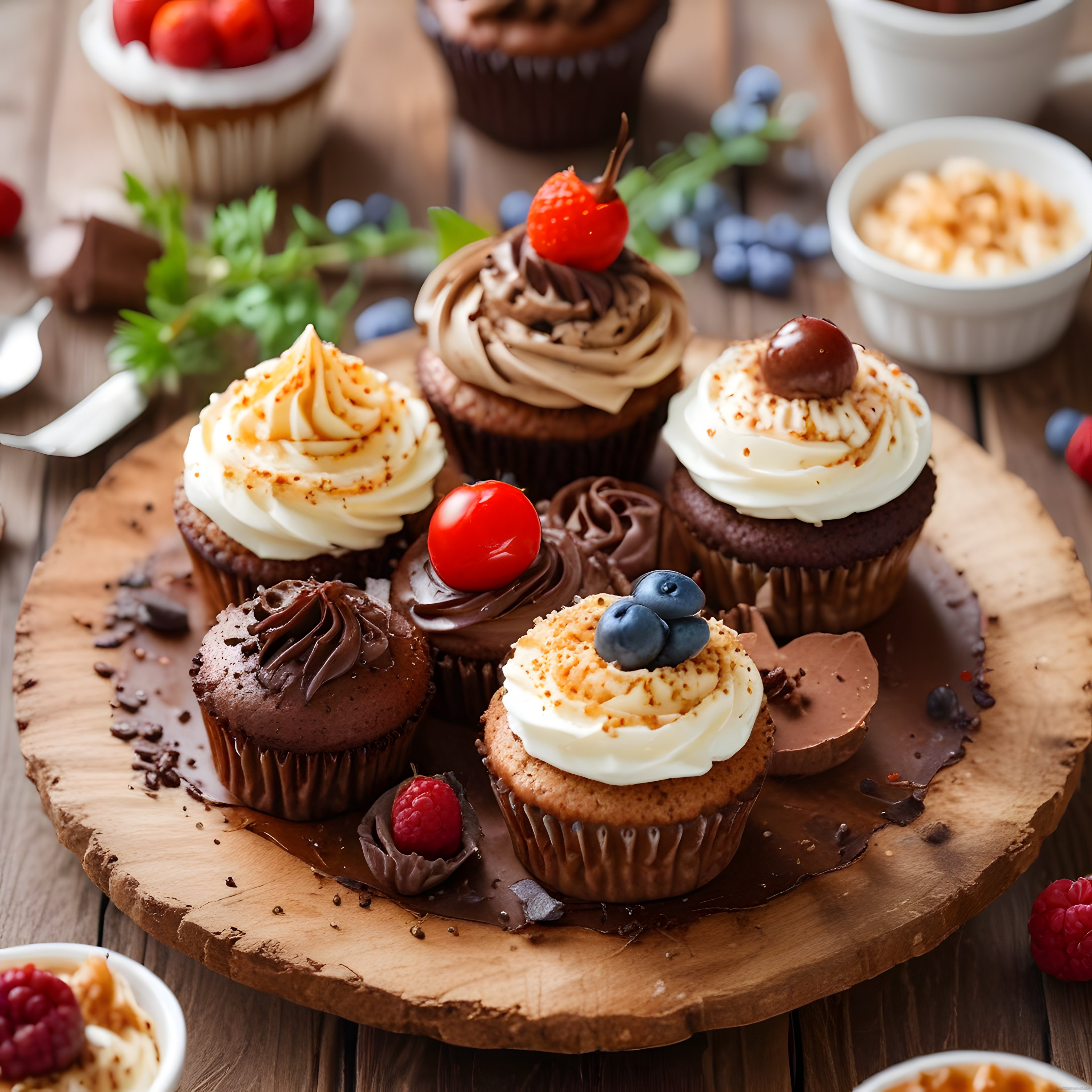 Ahşap sunumda çikolatalı kremalı ve meyveli cupcake çeşitleri