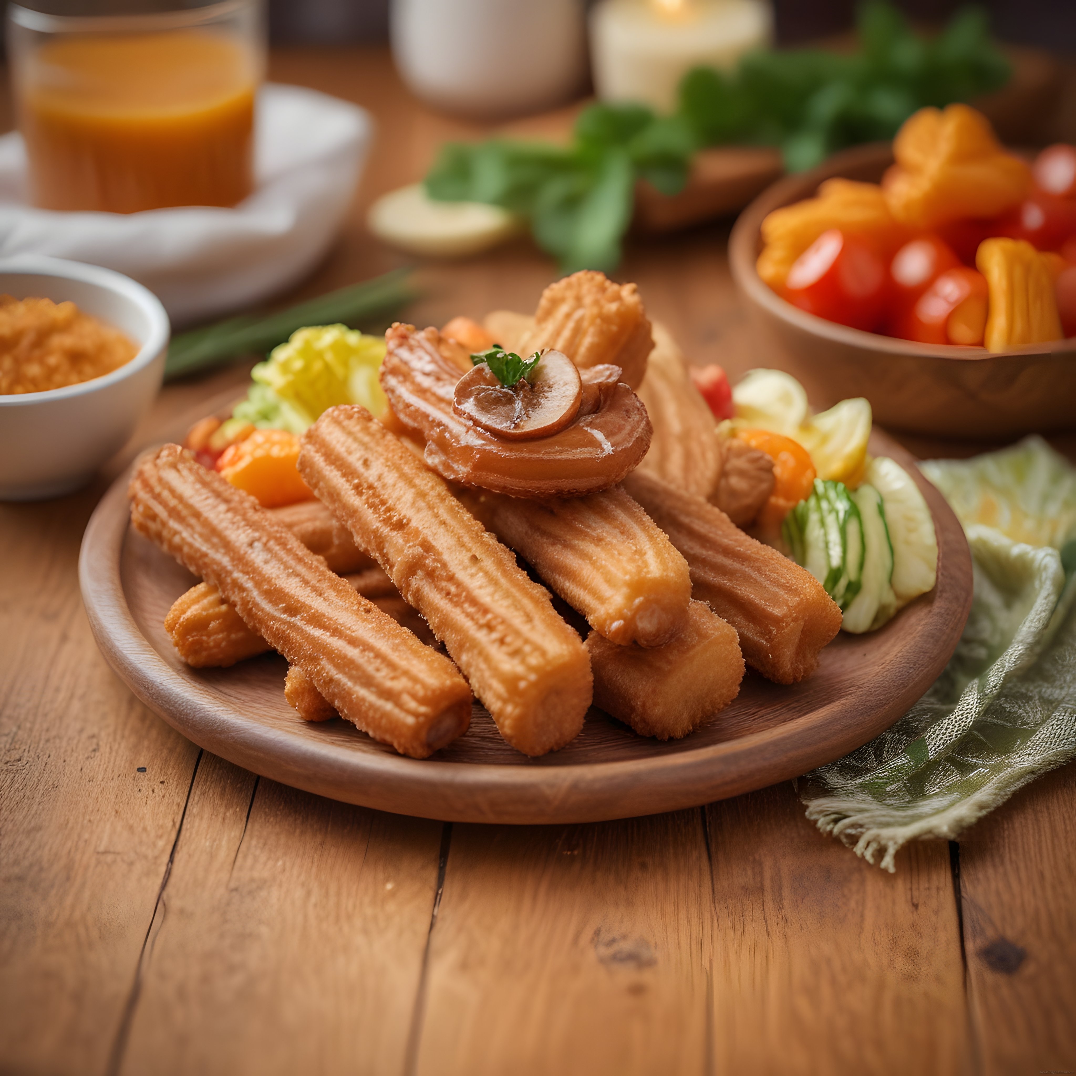 Ahşap sunumda çıtır churros, mantar garnitürü ve renkli sebzelerle tatlı keyfi