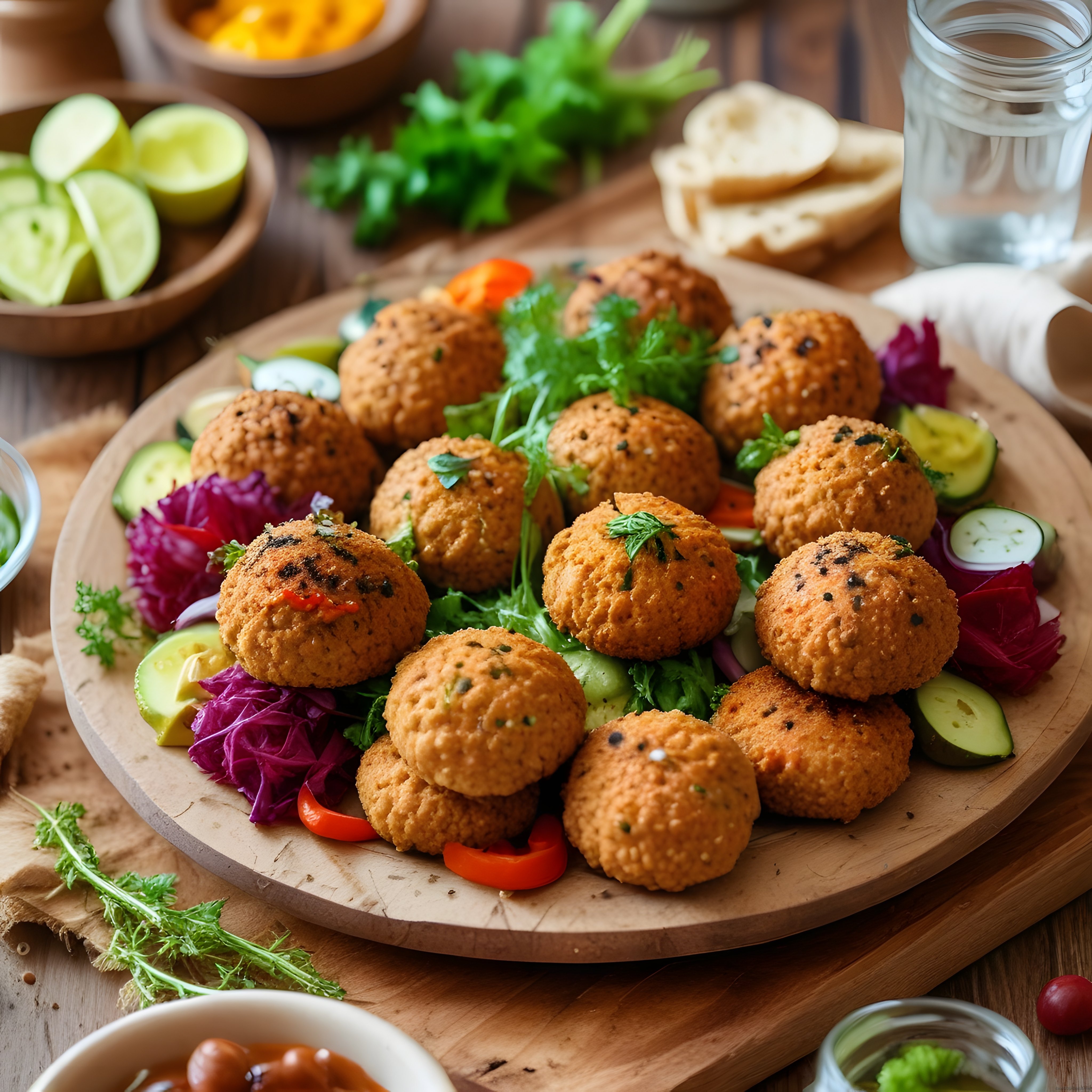 Ahşap Sunumda Çıtır Falafel Topları ve Renkli Taze Salata Garnitürleri