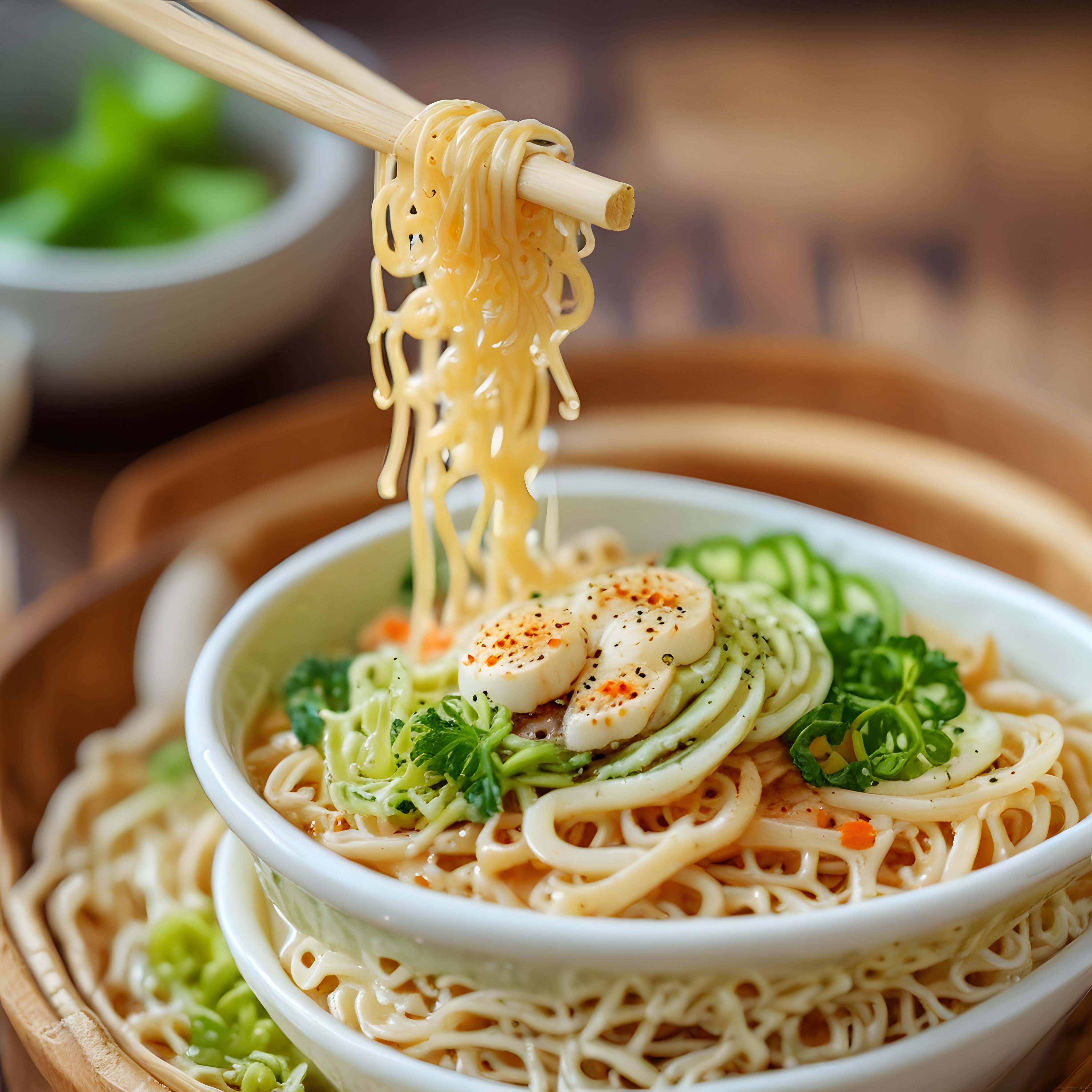 Ahşap Sunumda Çubuklarla Tutulan Noodle Kasesi, Yumurta ve Sebzeler