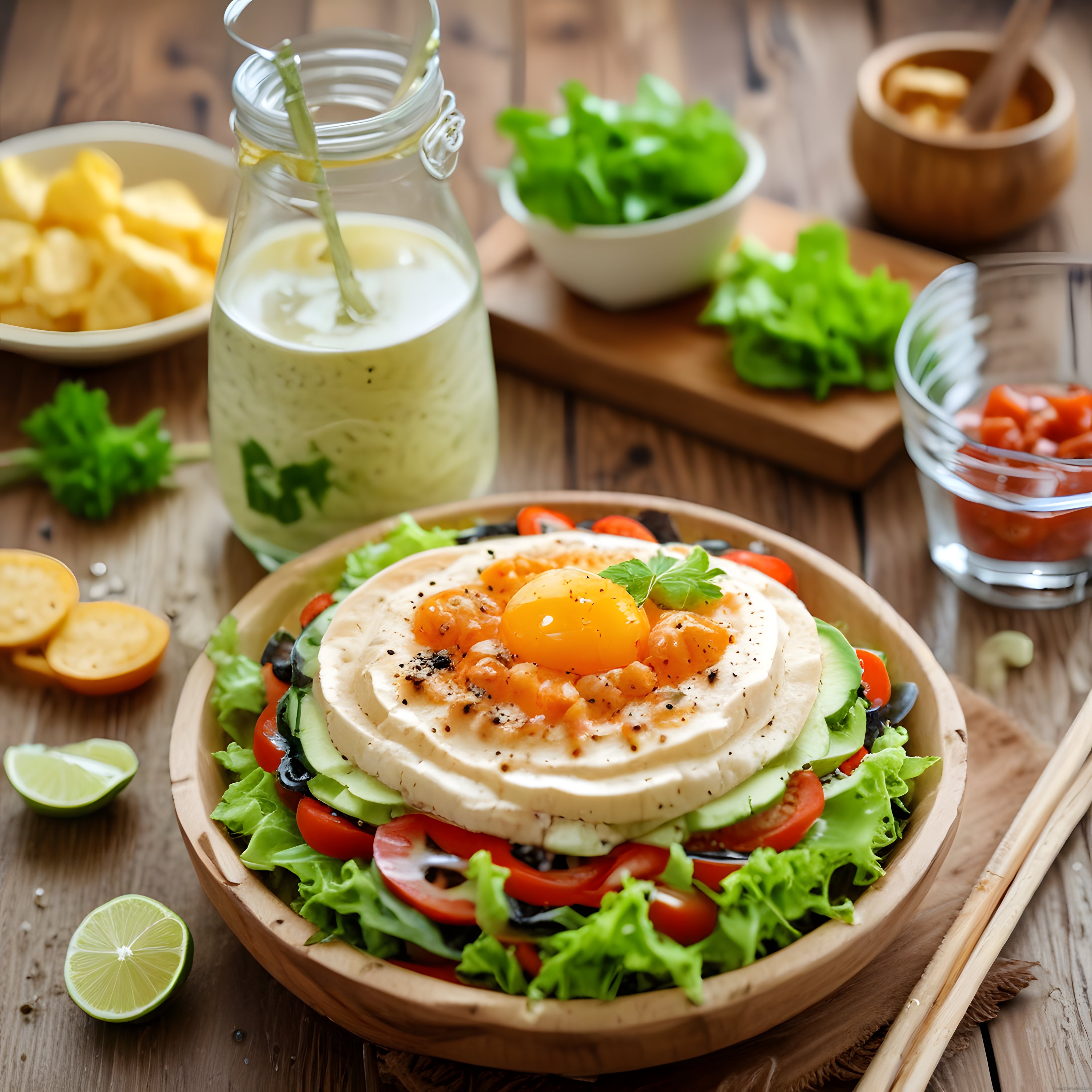 Ahşap sunumda ev yapımı sos eşliğinde taze sebzeli ve yumurtalı salata