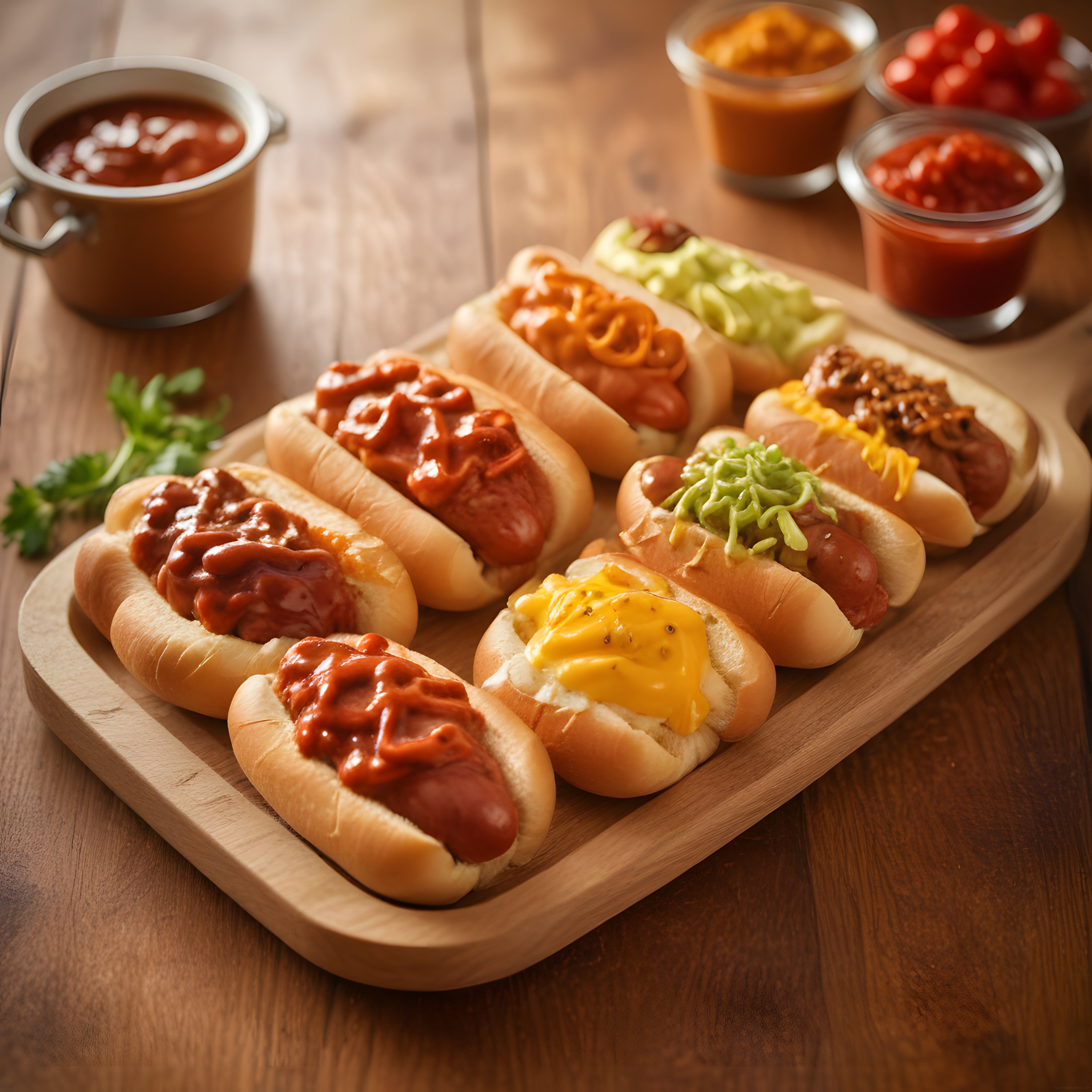 Ahşap Sunumda Farklı Soslarla Hazırlanmış Hot Dog Lezzetleri