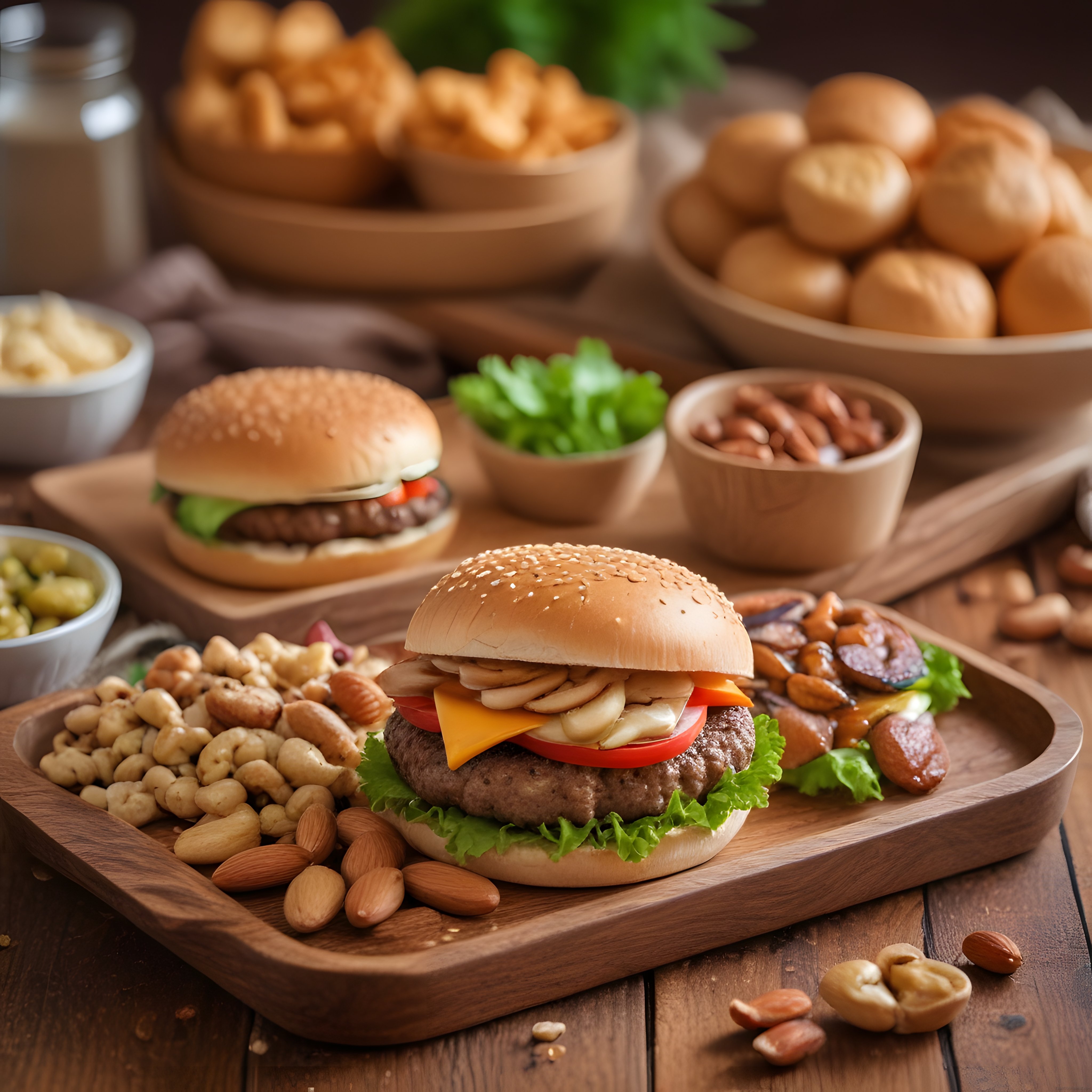 Ahşap Sunumda Göz Alıcı Burger ve Kuruyemiş Eşliğinde Lezzet Şöleni