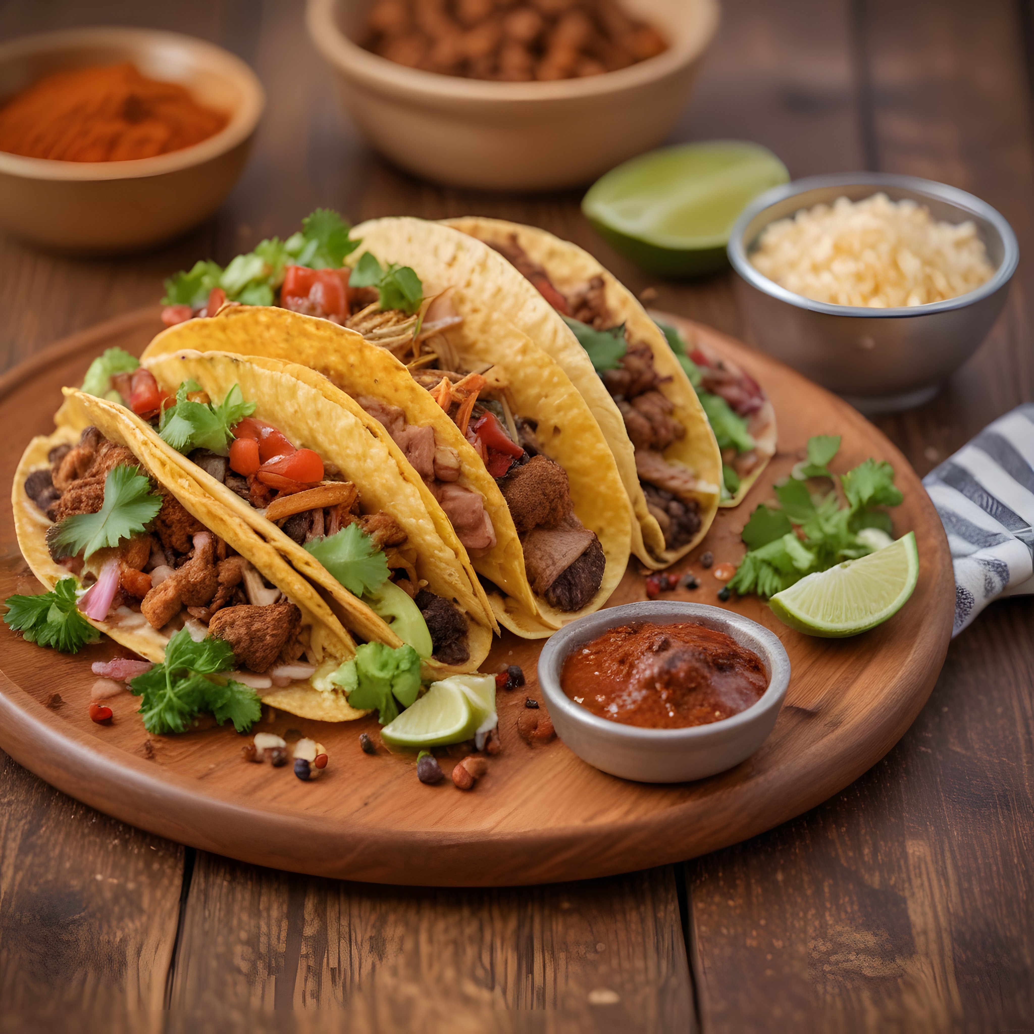 Ahşap Sunumda Gurme Meksika Tacos: Et Dolgulu ve Taze Baharatlarla
