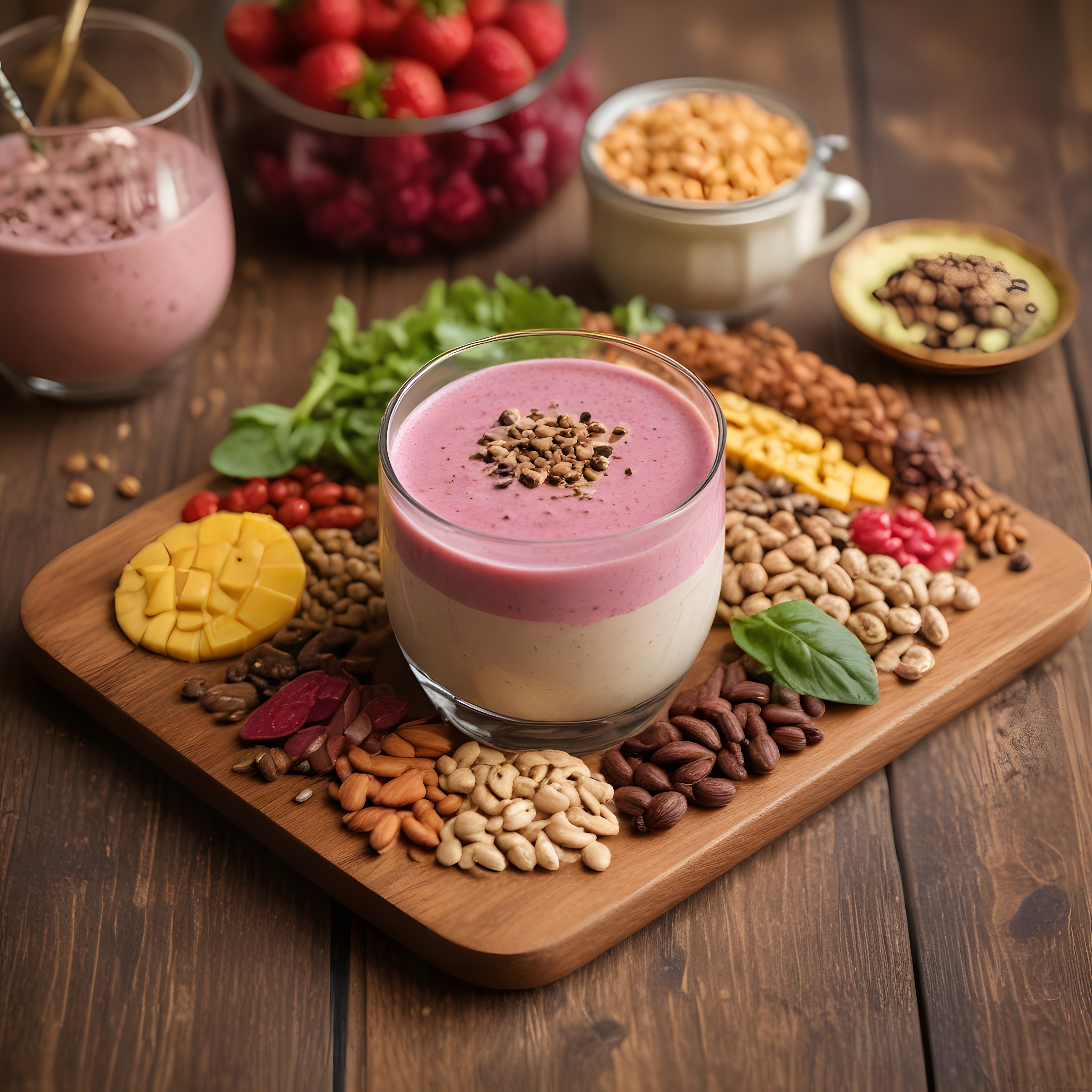 Ahşap Sunumda İki Katmanlı Orman Meyveli Smoothie ve Sağlıklı Atıştırmalıklar