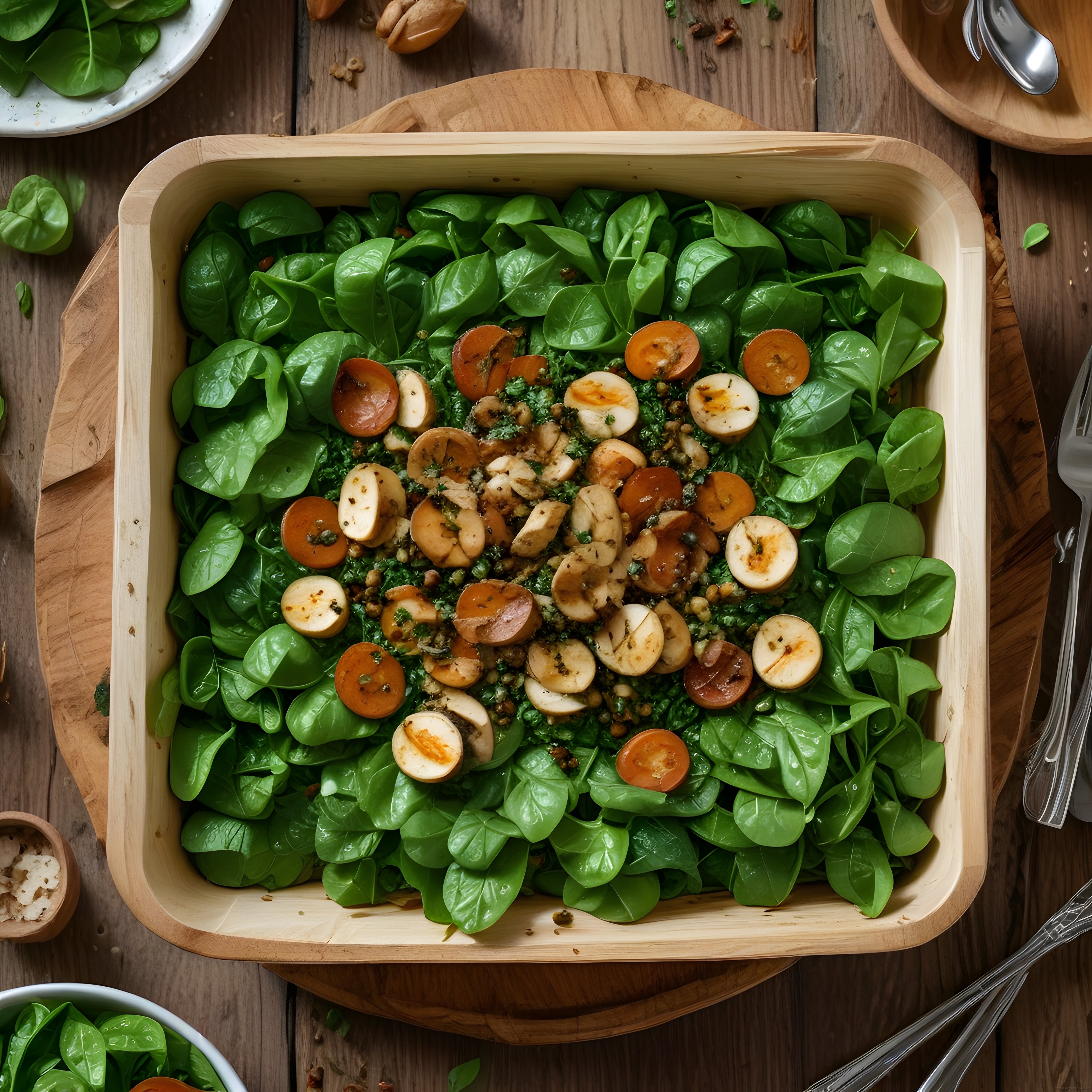 Ahşap Sunumda Ispanaklı Yumurta ve Kiraz Domatesli Sağlıklı Salata