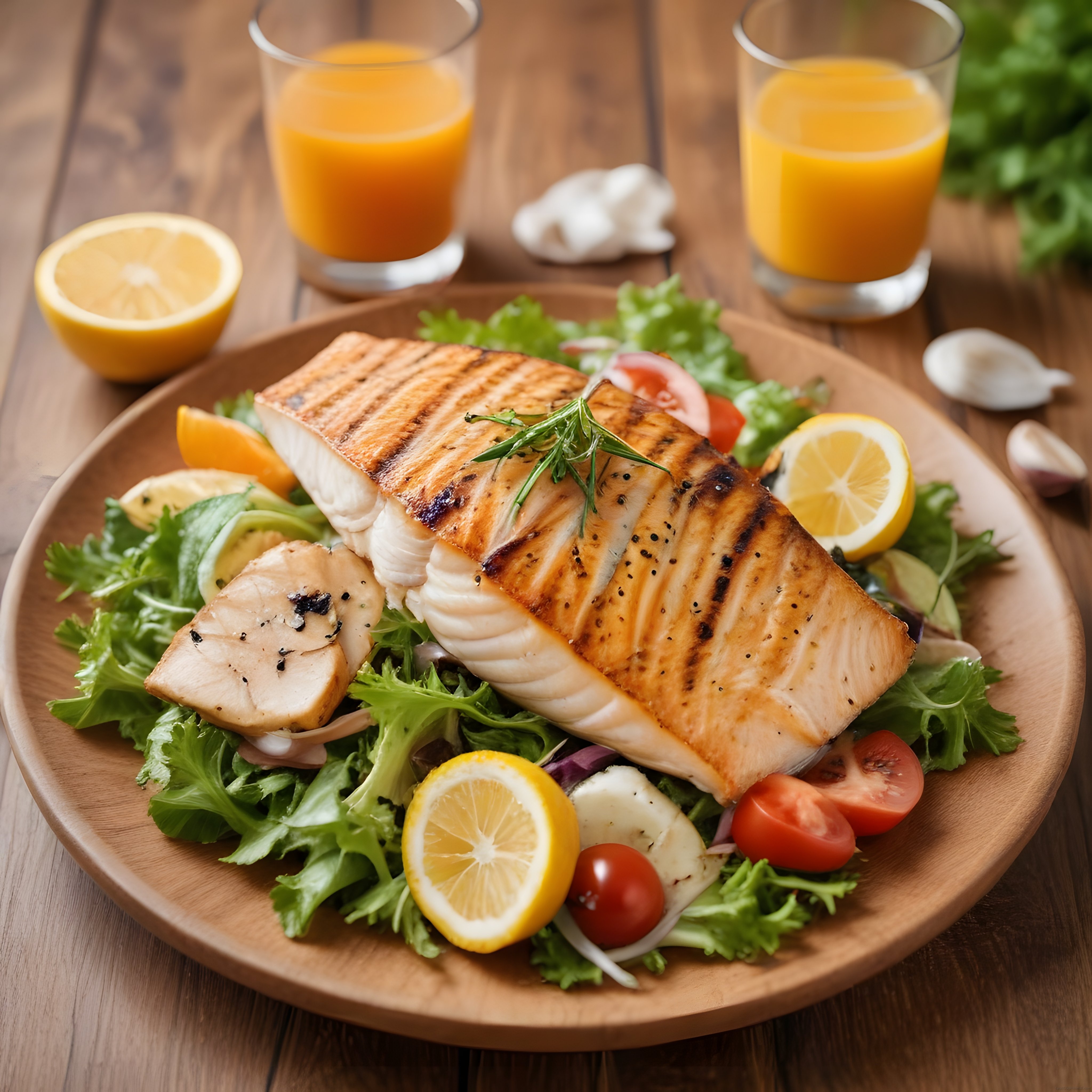Ahşap Sunumda Izgara Balık Fileto, Limonlu Salata ve Taze Portakal Suyu