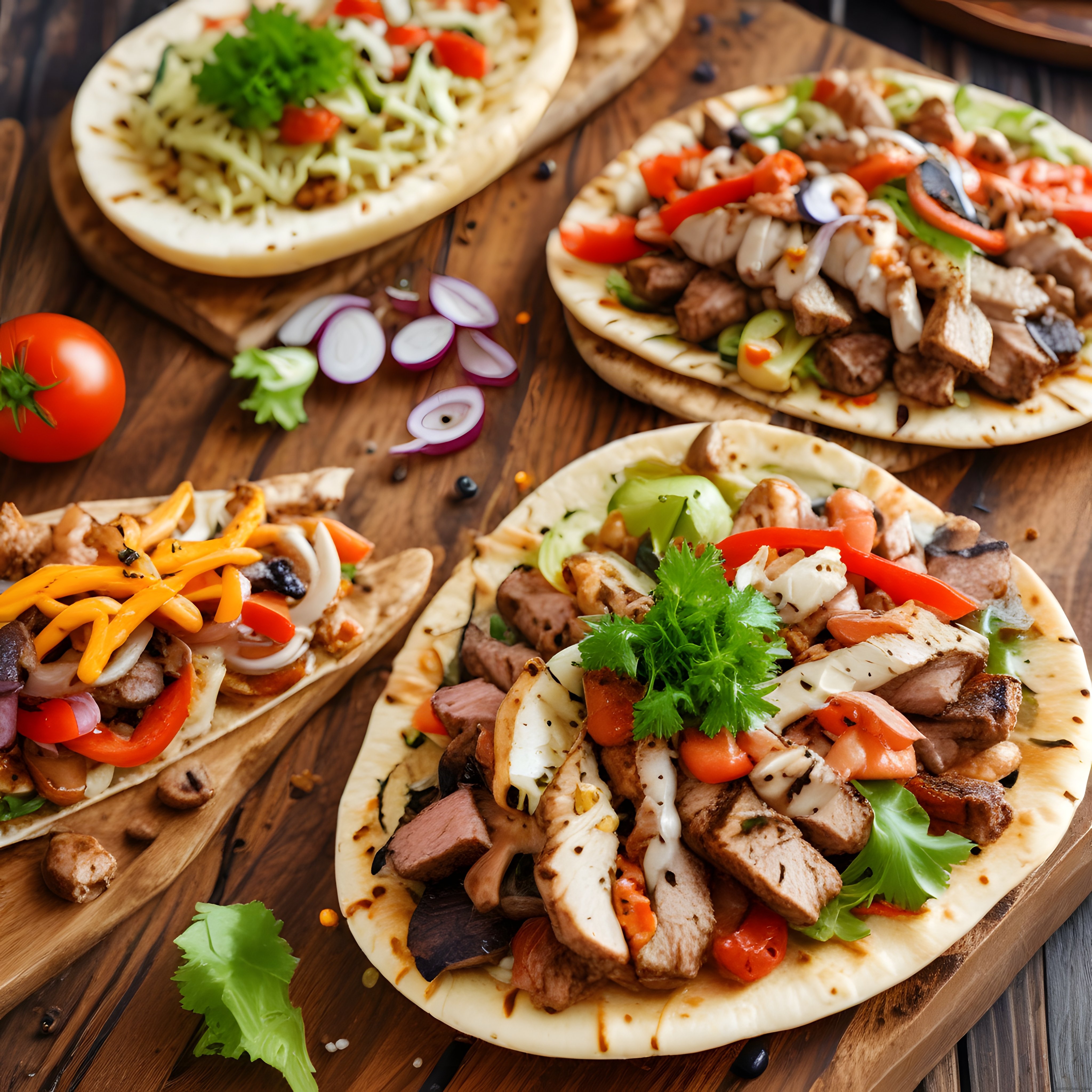 Ahşap Sunumda Izgara Etli ve Sebzeli Taco ile Göz Alıcı Dürüm Tablosu