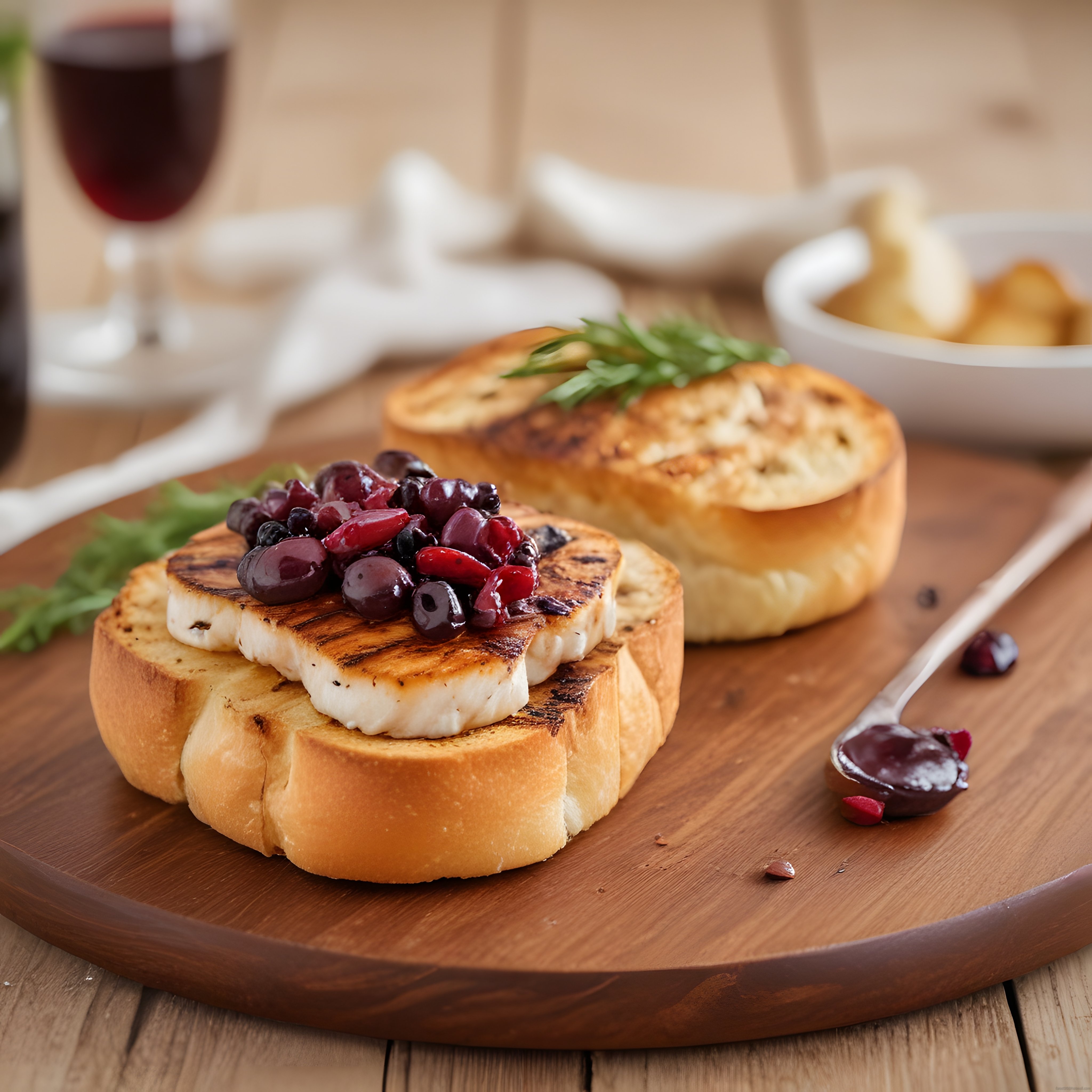 Ahşap Sunumda Izgara Hellim ve Zeytinli Kızarmış Ekmek Dilimleri