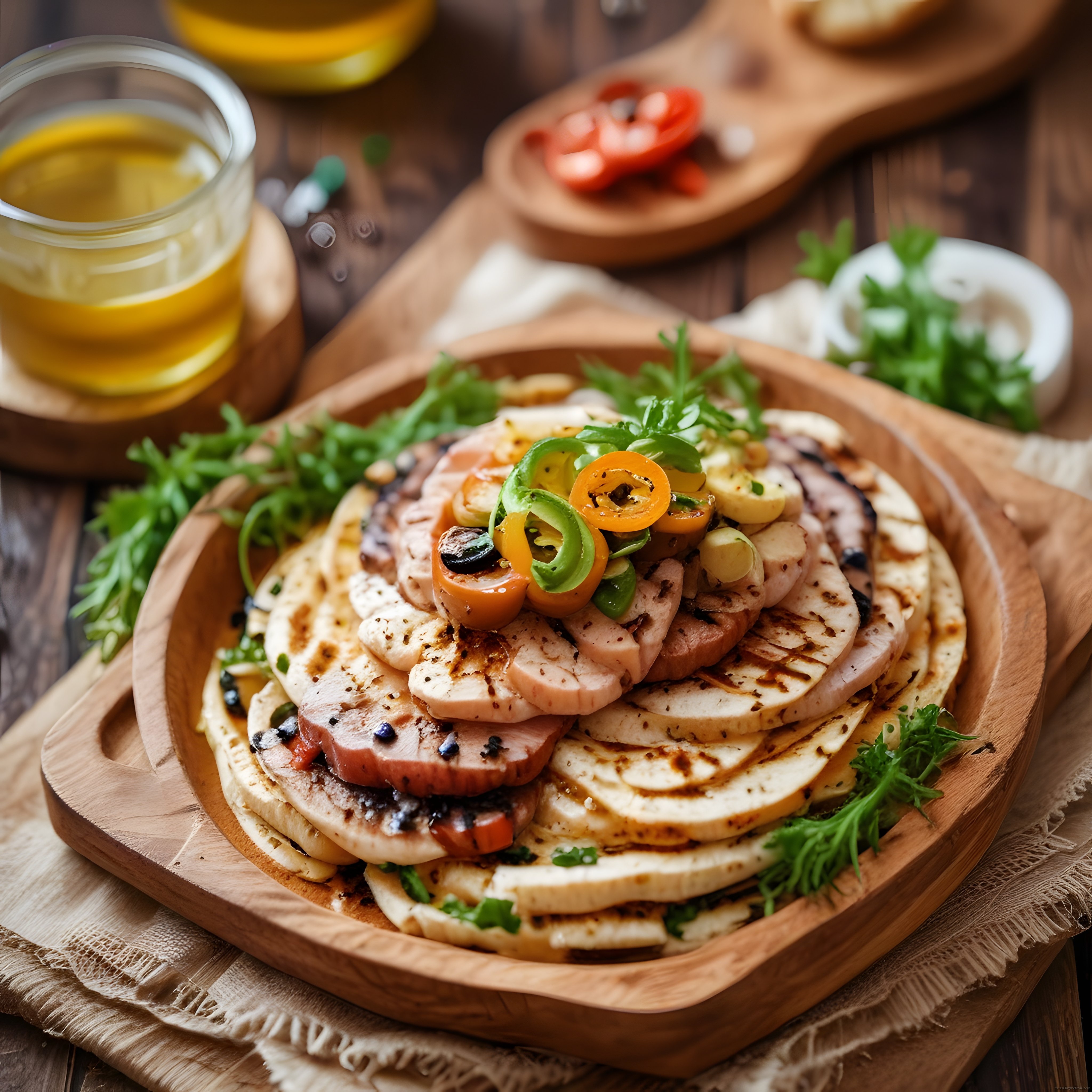 Ahşap Sunumda Izgara Peynirli Salamlı Pizza ve Renkli Biber Süslemesi