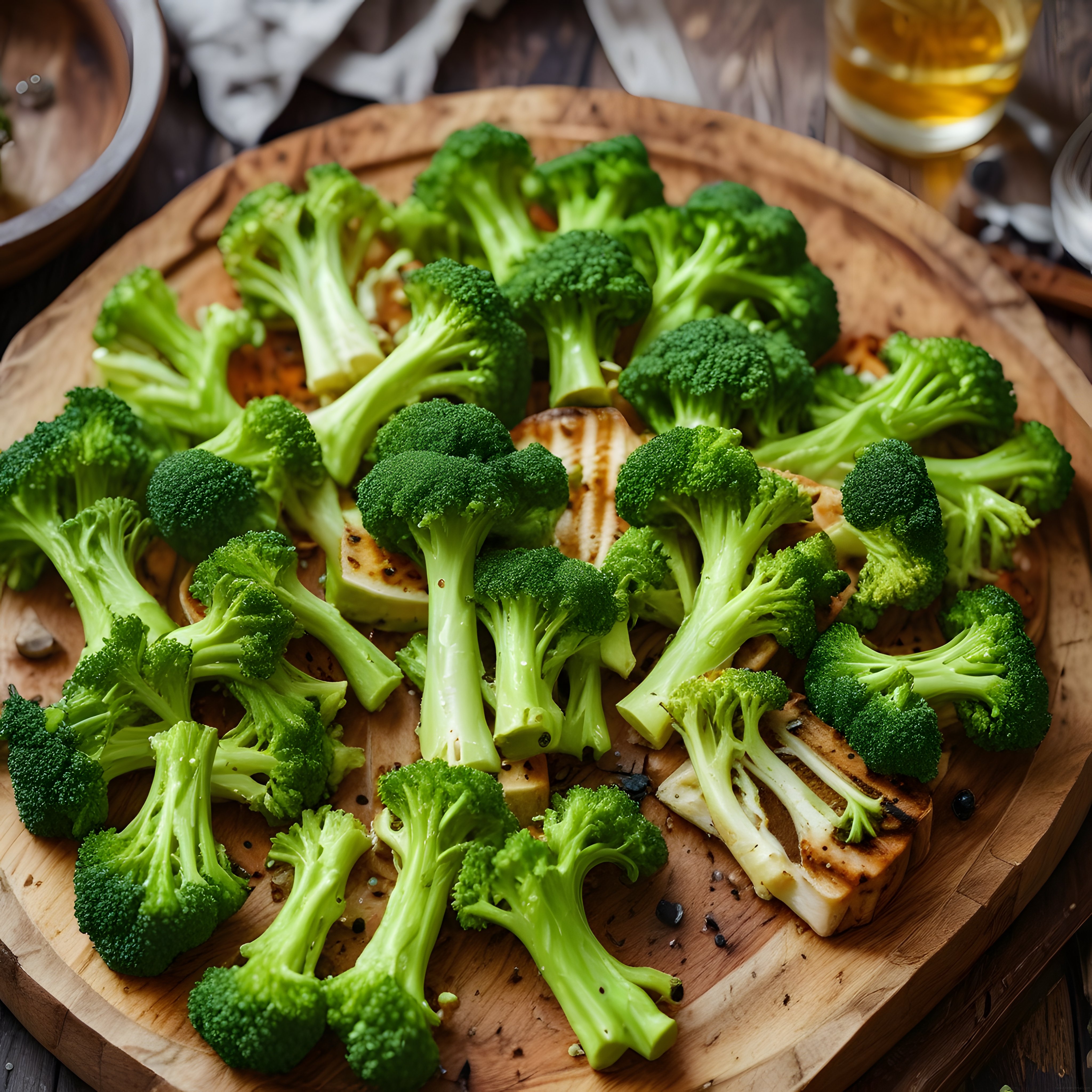 Ahşap Sunumda Izgara Tofu ve Taze Brokoli ile Sağlıklı Vegan Tabak