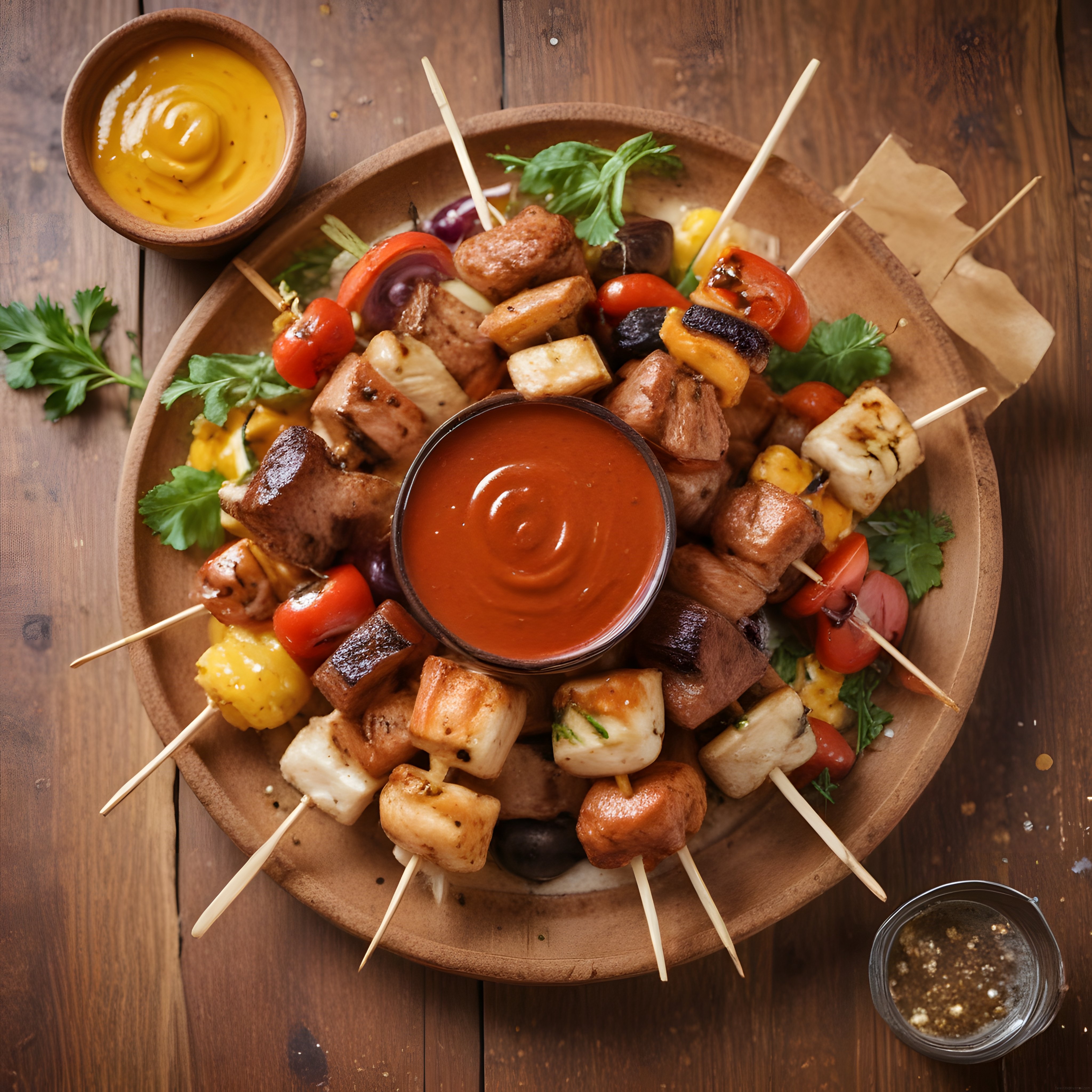 Ahşap Sunumda Izgaralı Şiş Kebap ve Özel Barbekü Soslarıyla Lezzet Şöleni
