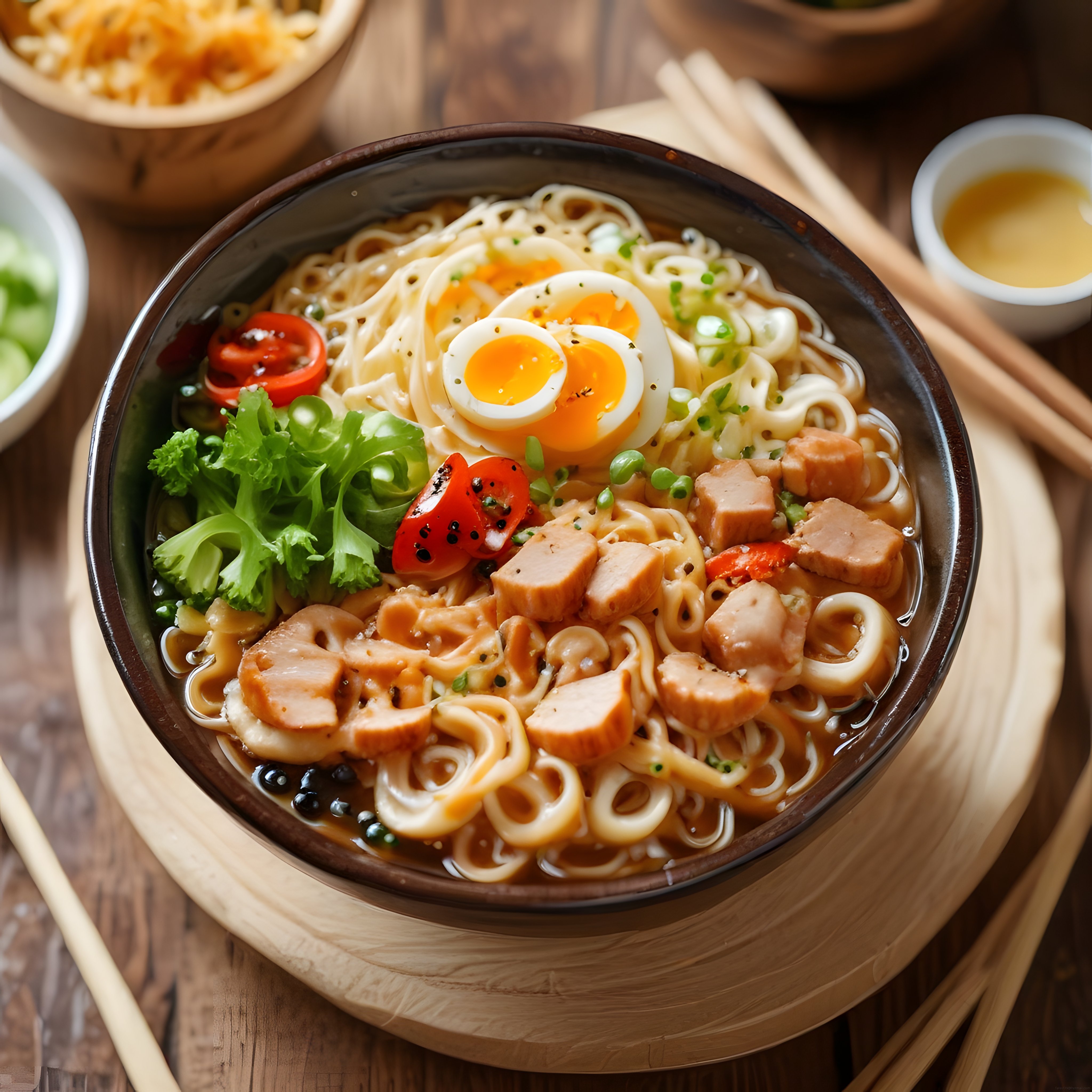 Ahşap Sunumda Japon Usulü Tavuklu Ramen Çorbası ve Noodle Kasesi