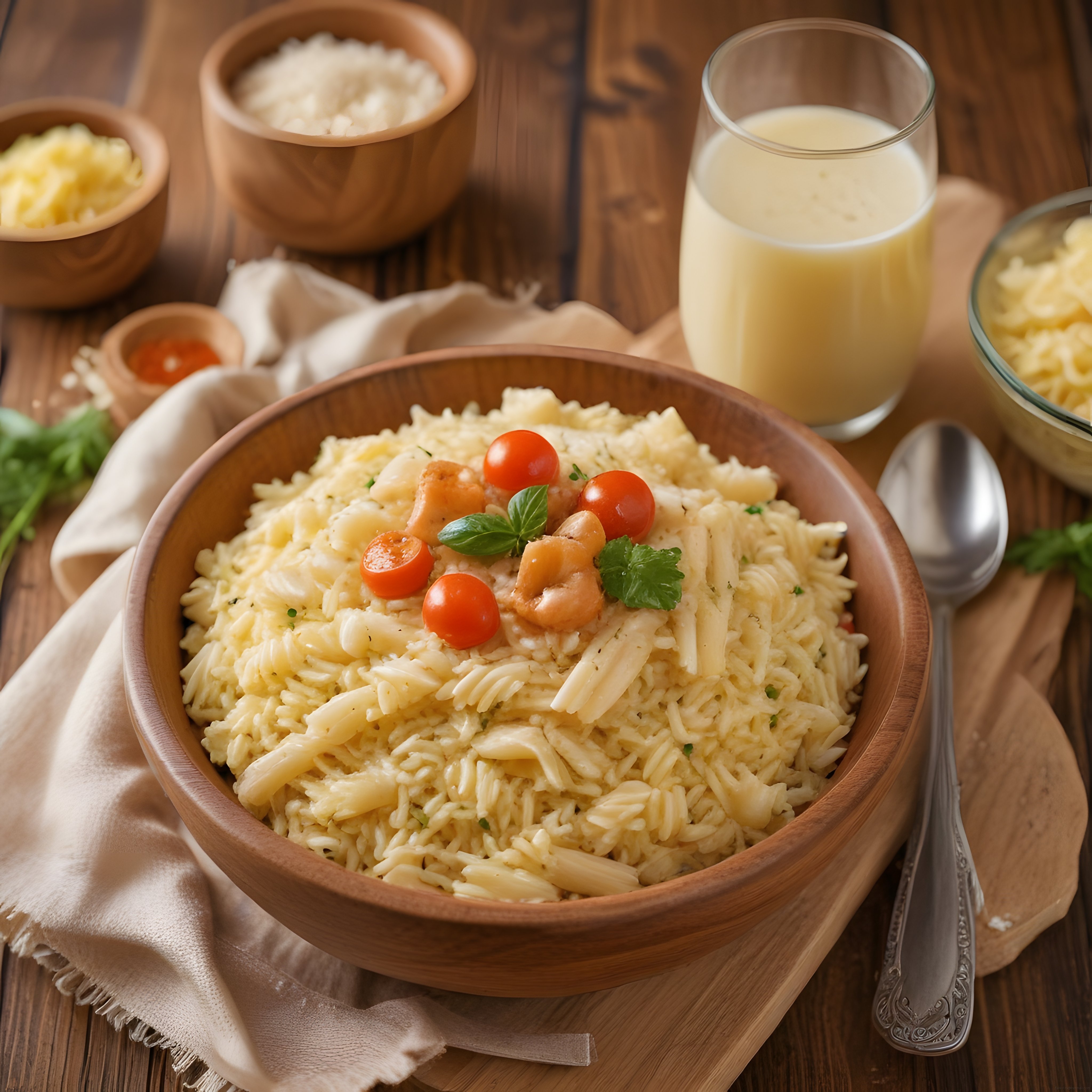 Ahşap Sunumda Karidesli Makarna Pilavı ve Ayran ile Nefis Yemek Fikri