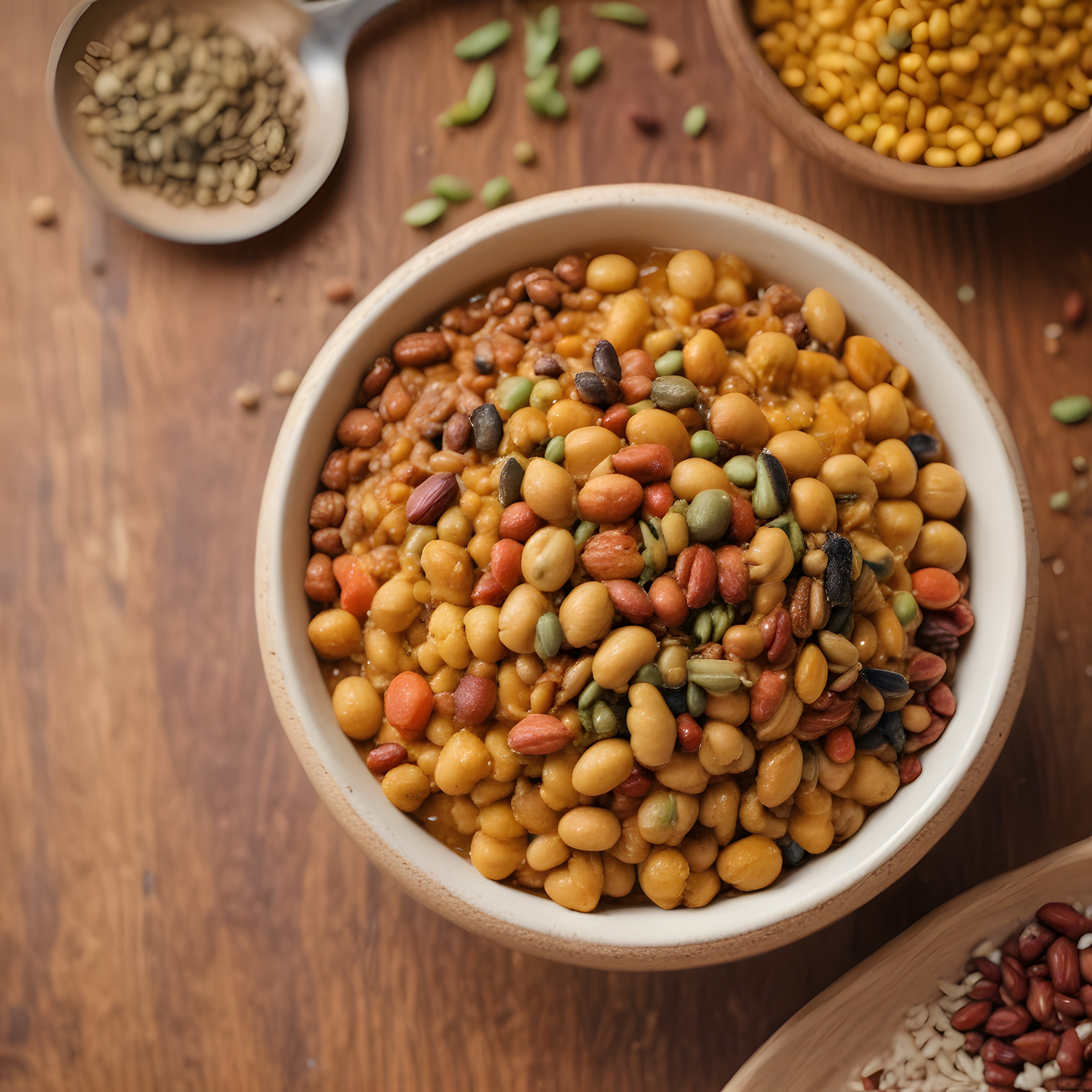 Ahşap Sunumda Karışık Bakliyat ve Kuruyemiş: Sağlıklı Vegan Beslenme