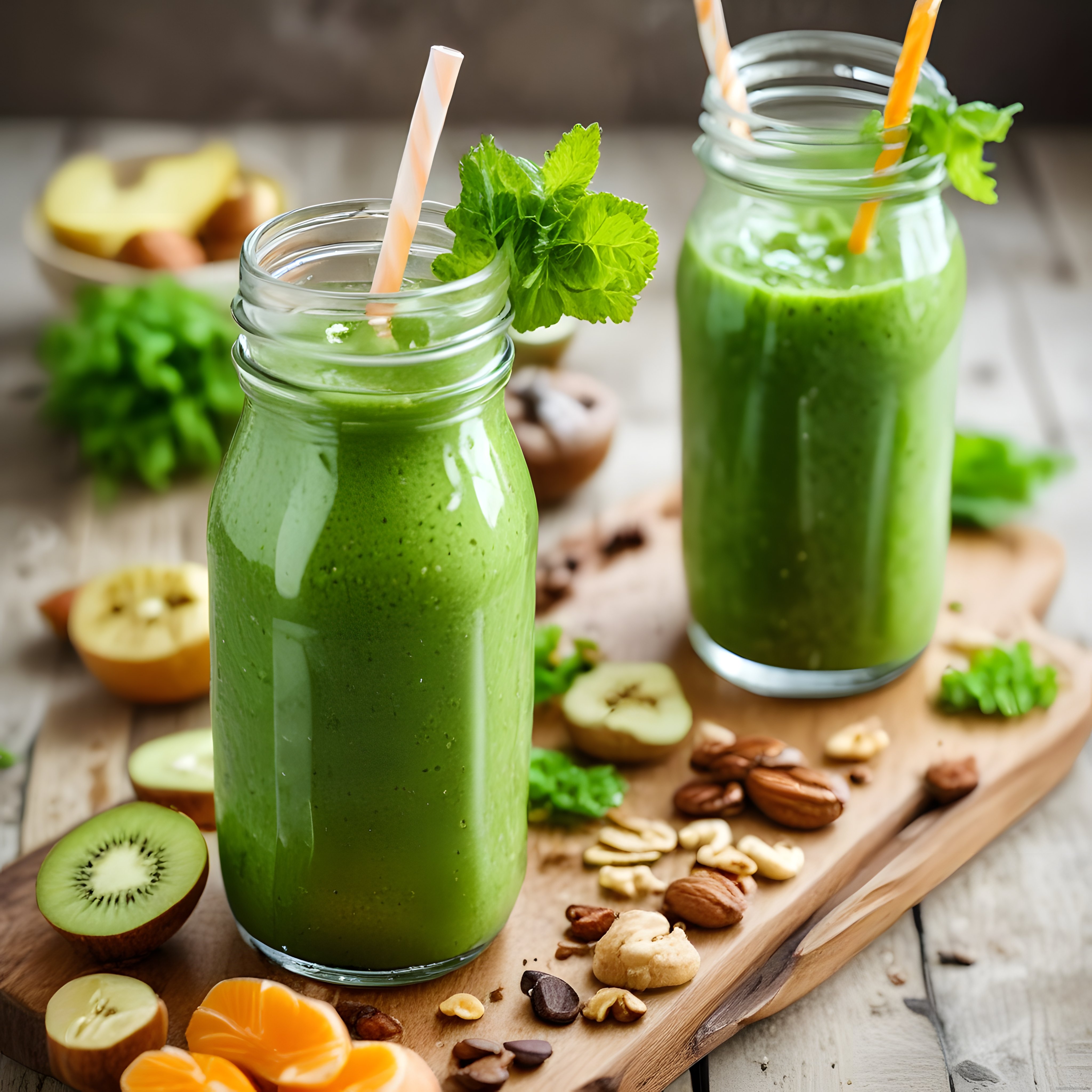 Ahşap Sunumda Kivili ve Muzlu Taze Yeşil Detoks Smoothie Kavanozları
