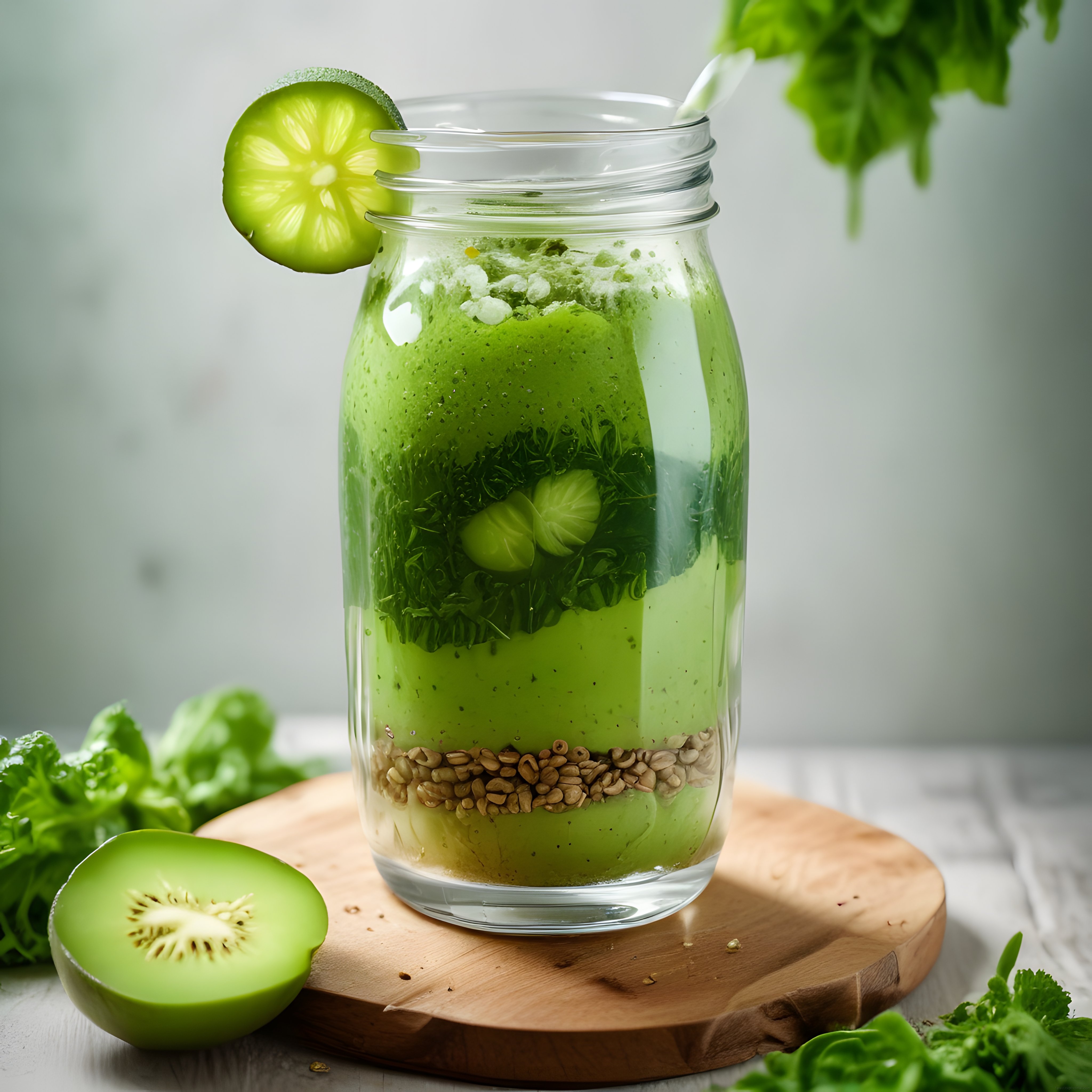 Ahşap Sunumda Kivili Yeşil Smoothie ve Sağlıklı Tohum Katmanları
