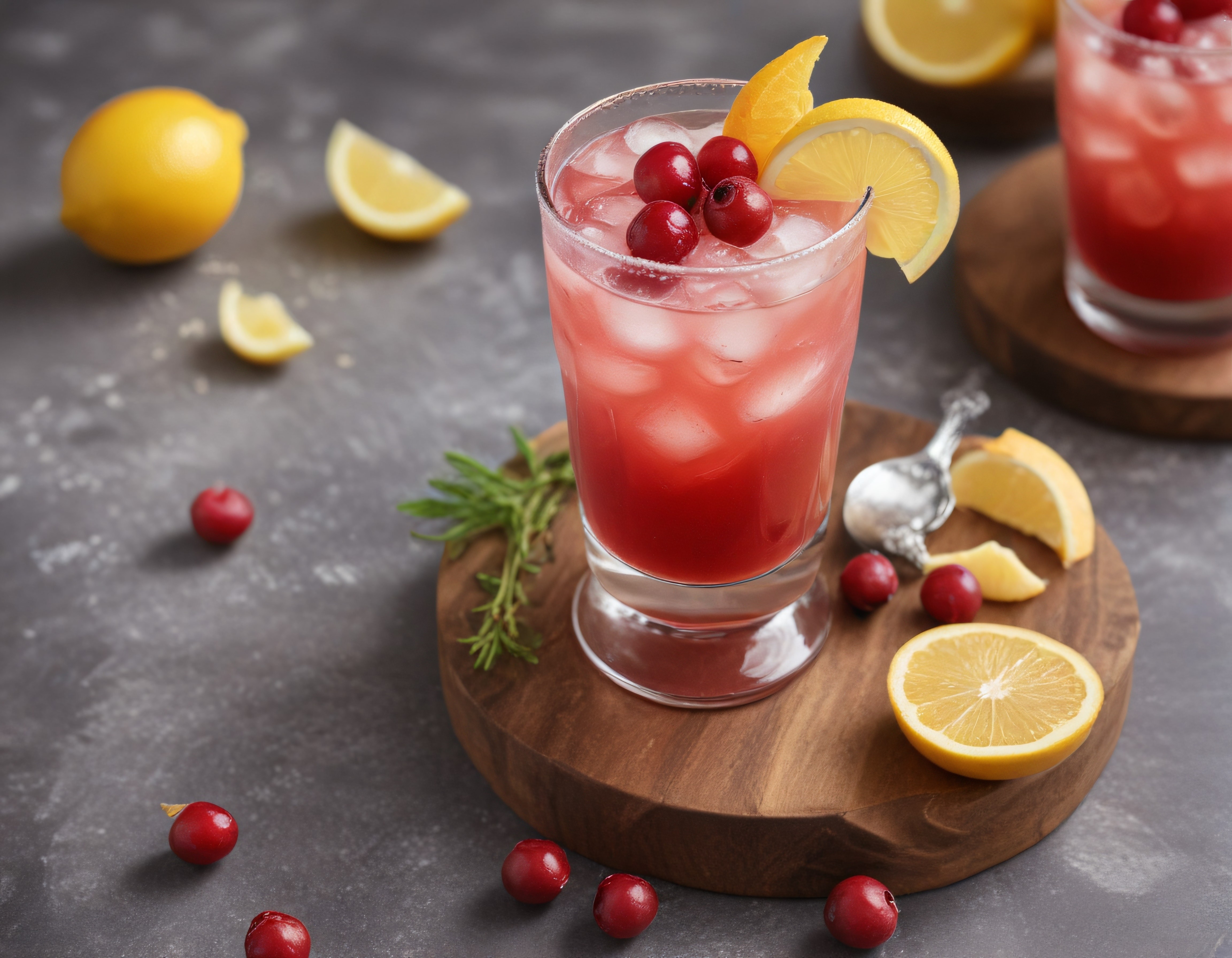 Ahşap Sunumda Kızılcık ve Limon Dilimli Buzlu Serinletici İçecek