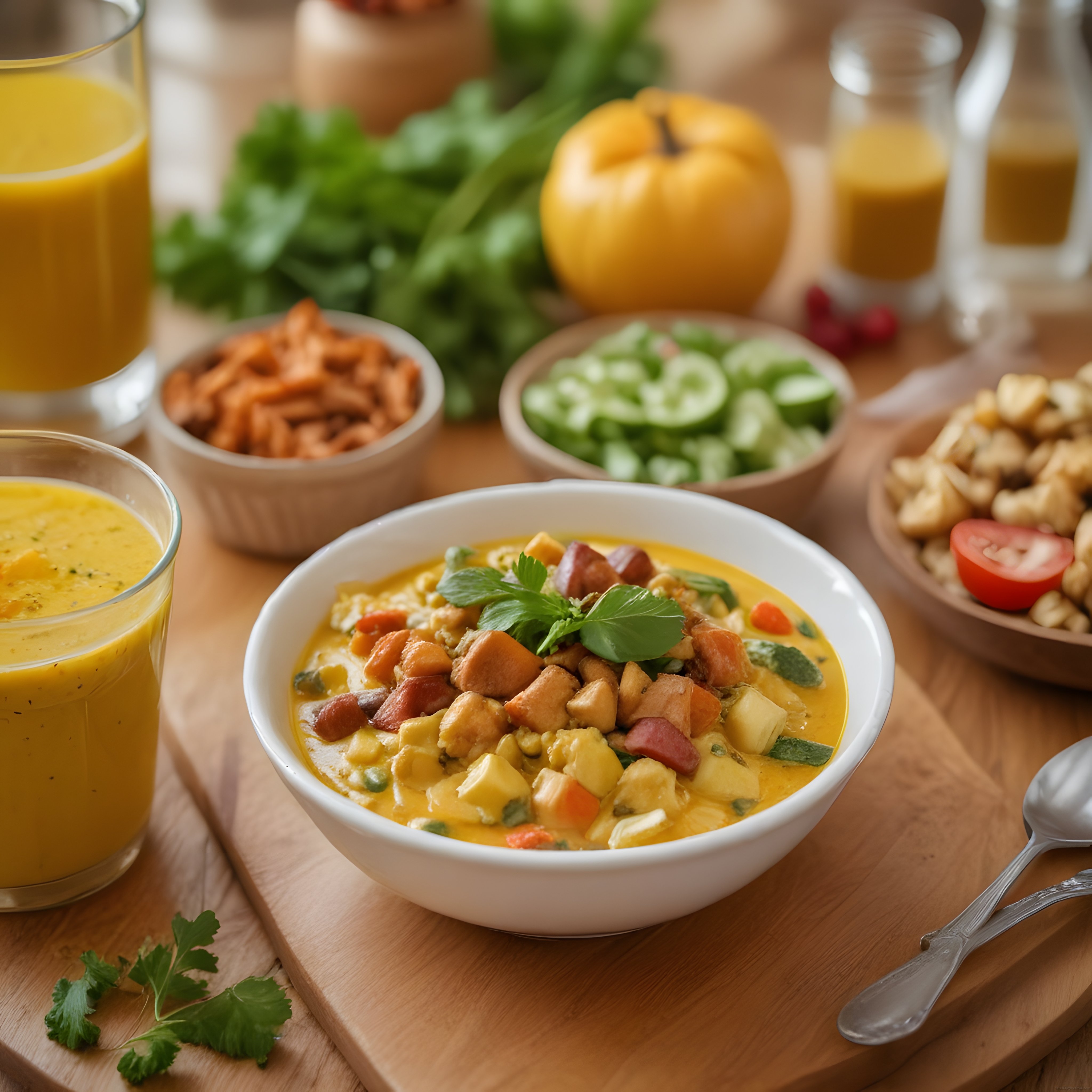 Ahşap Sunumda Kremalı Tavuk Yemeği ve Taze Smoothie ile Sağlıklı Sofra