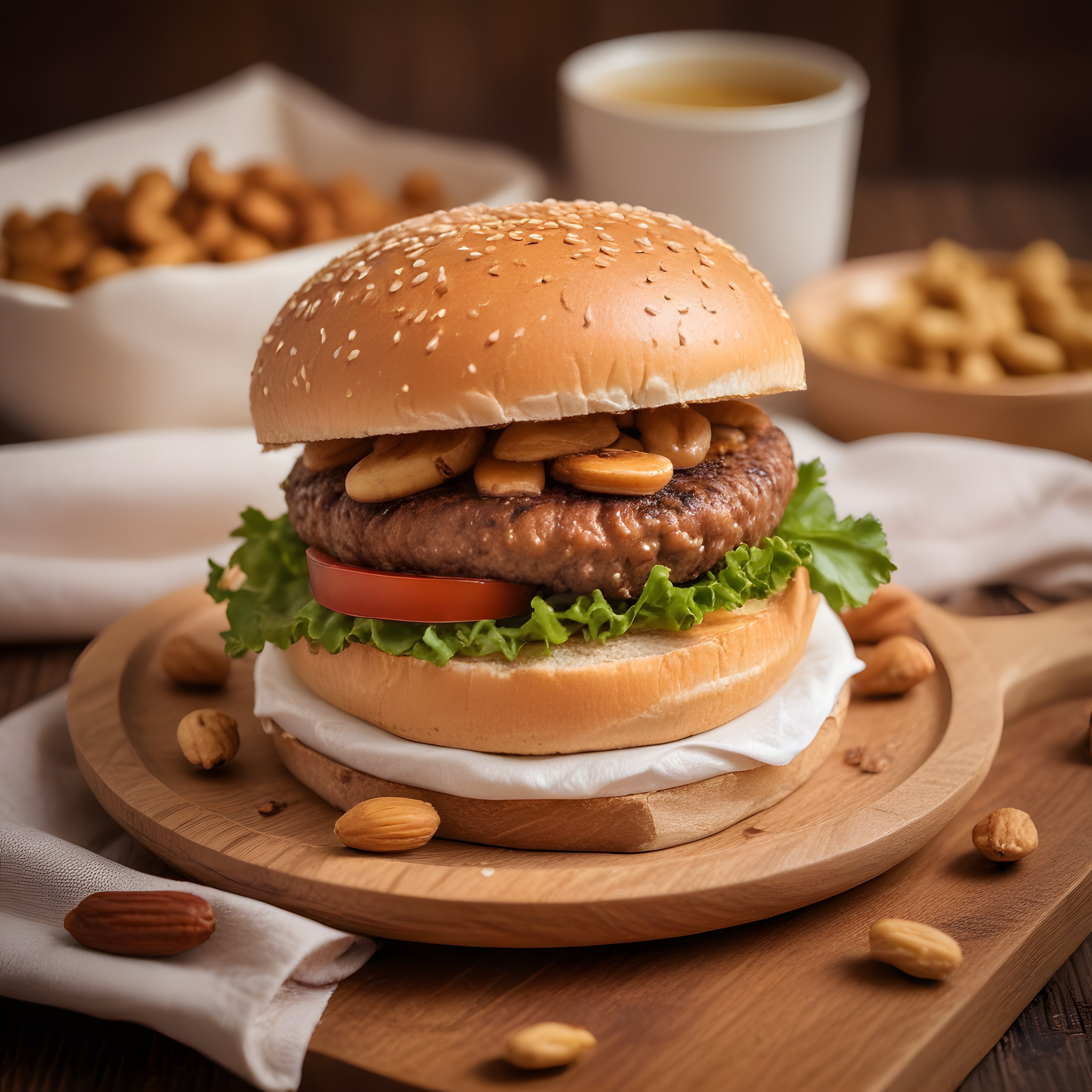Ahşap Sunumda Kuruyemişli Gurme Burger ve Patates Kızartması Eşliğinde