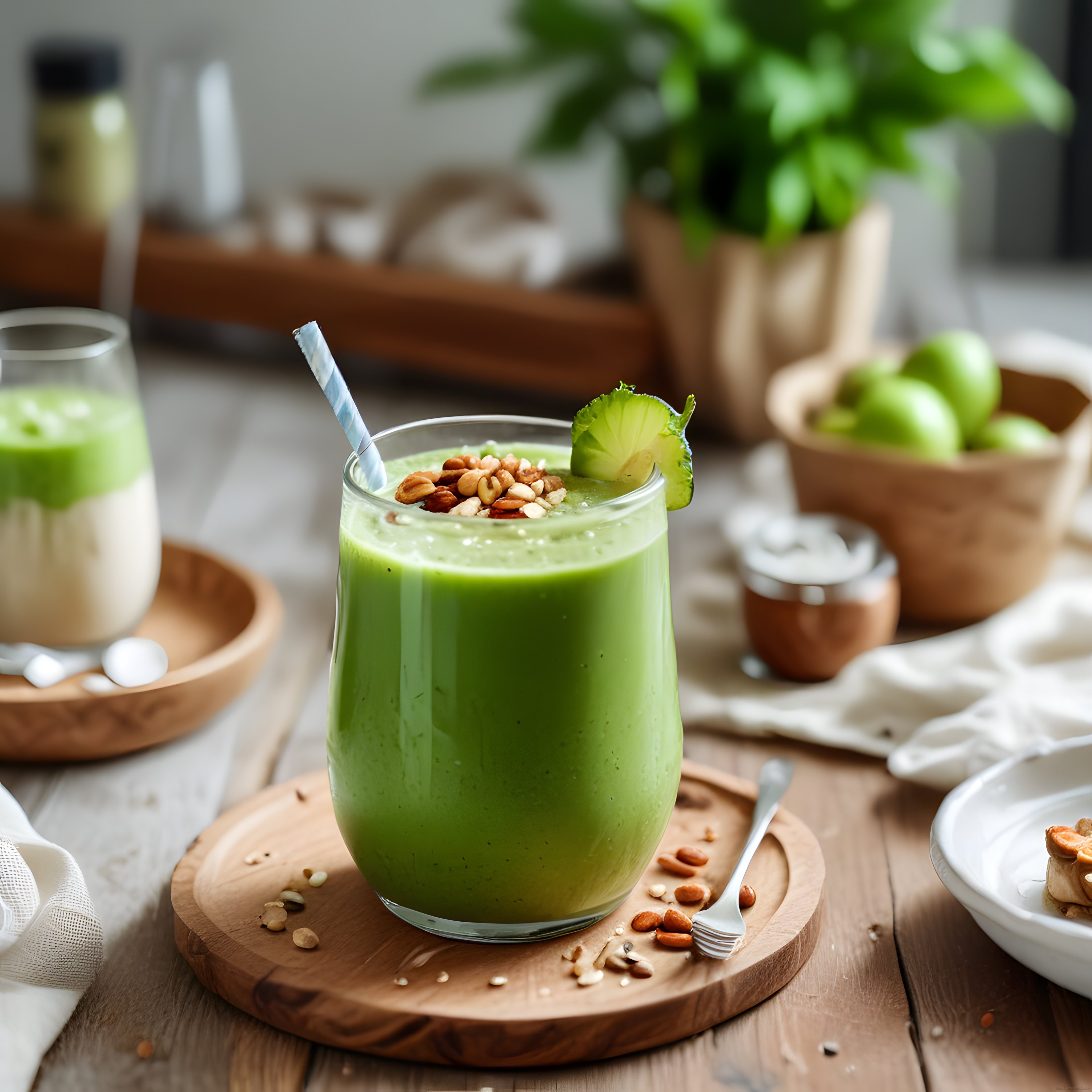 Ahşap Sunumda Kuruyemişli Yeşil Smoothie: Sağlıklı ve Lezzetli İçecek Tarifi