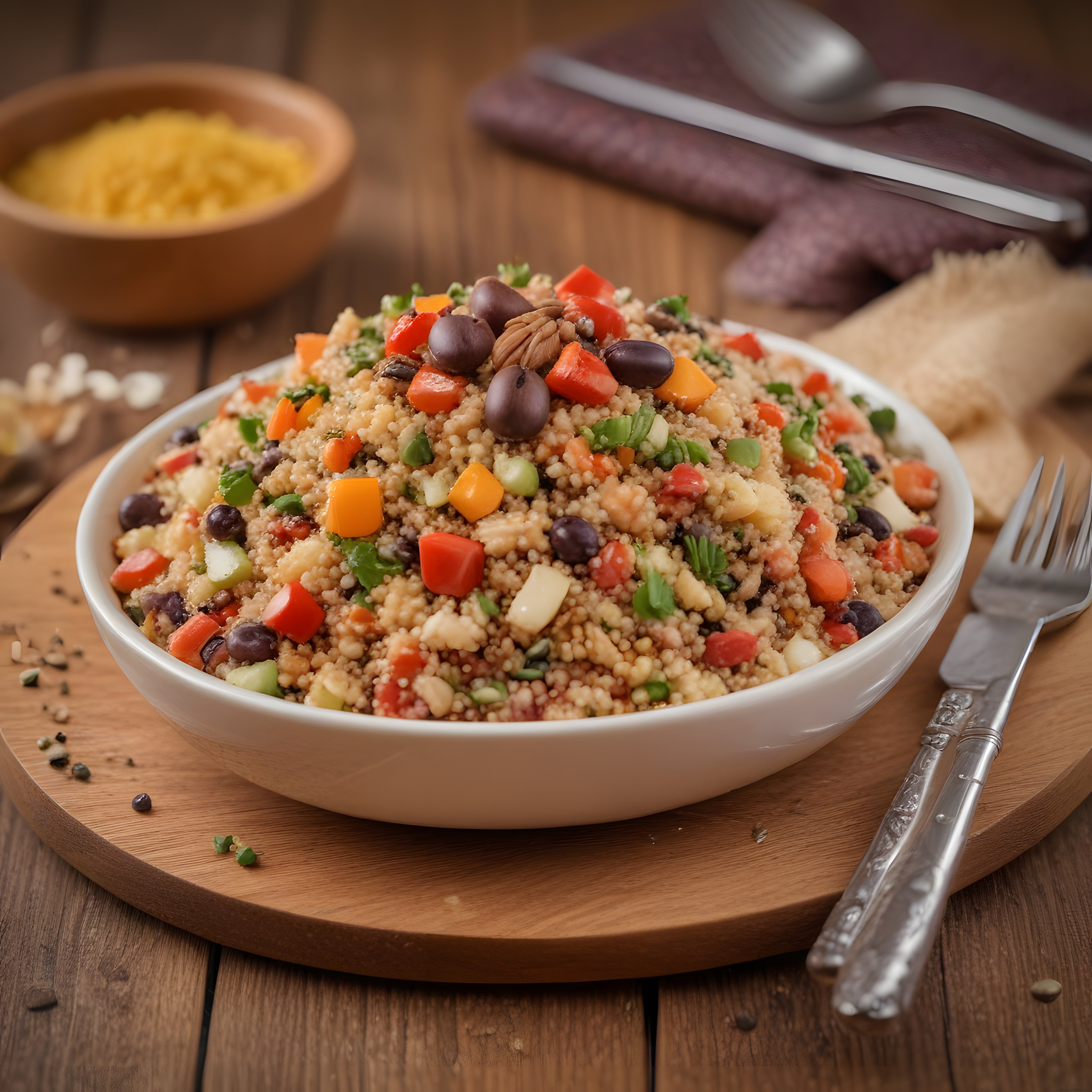 Ahşap Sunumda Kuskuslu Sebzeli ve Zeytinli Sağlıklı Salata Kasesi